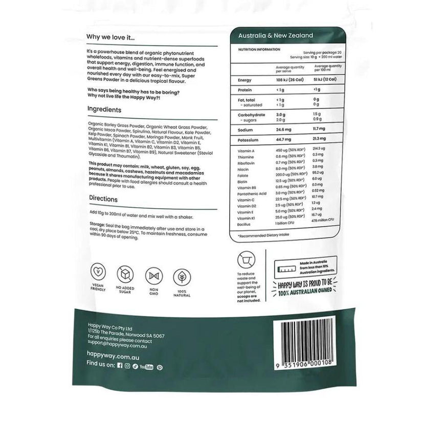 Happyway Organic Supergreens Powder Superfoods High in Chlorophyll with Probiotic and Prebiotics 200g, Keto Friendly Gluten Free and Non-GMO