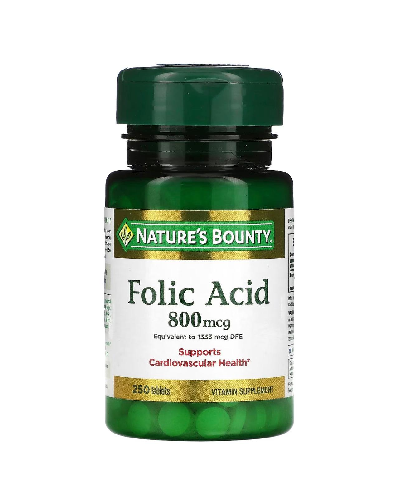 ناتشورز باونتي مكمل حمض الفوليك، يدعم صحة القلب والأوعية الدموية، 800 ميكروغرام، 250 قرص مدمج
