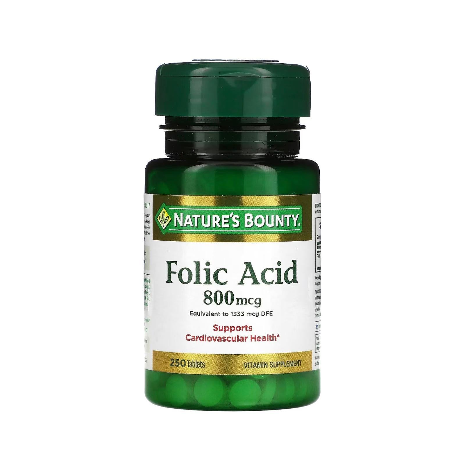 ناتشورز باونتي مكمل حمض الفوليك، يدعم صحة القلب والأوعية الدموية، 800 ميكروغرام، 250 قرص مدمج