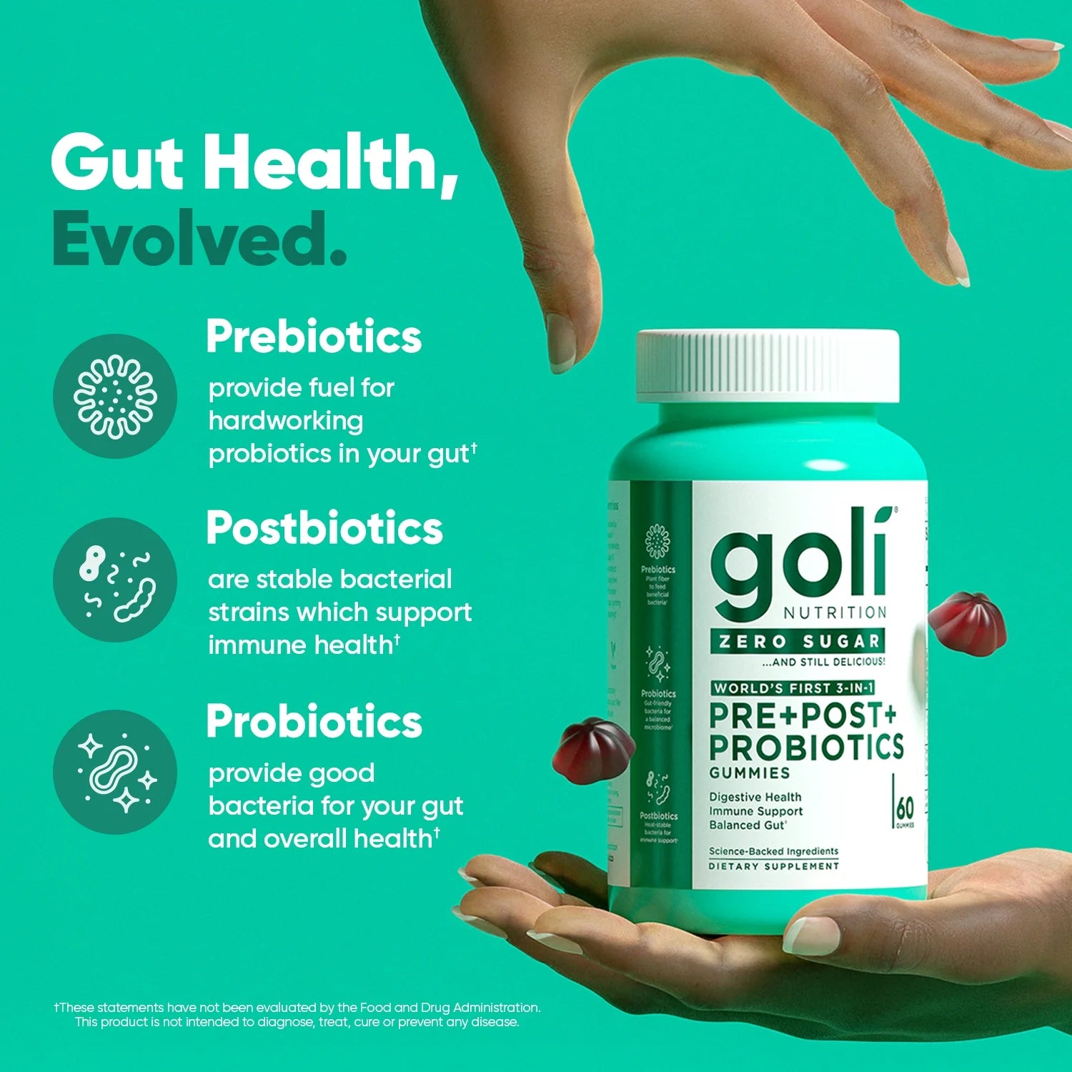 Goli Nutrition Pre Post Probiotics Zero Sugar Gummies Vegan Gluten Free Non-GMO - 60ct