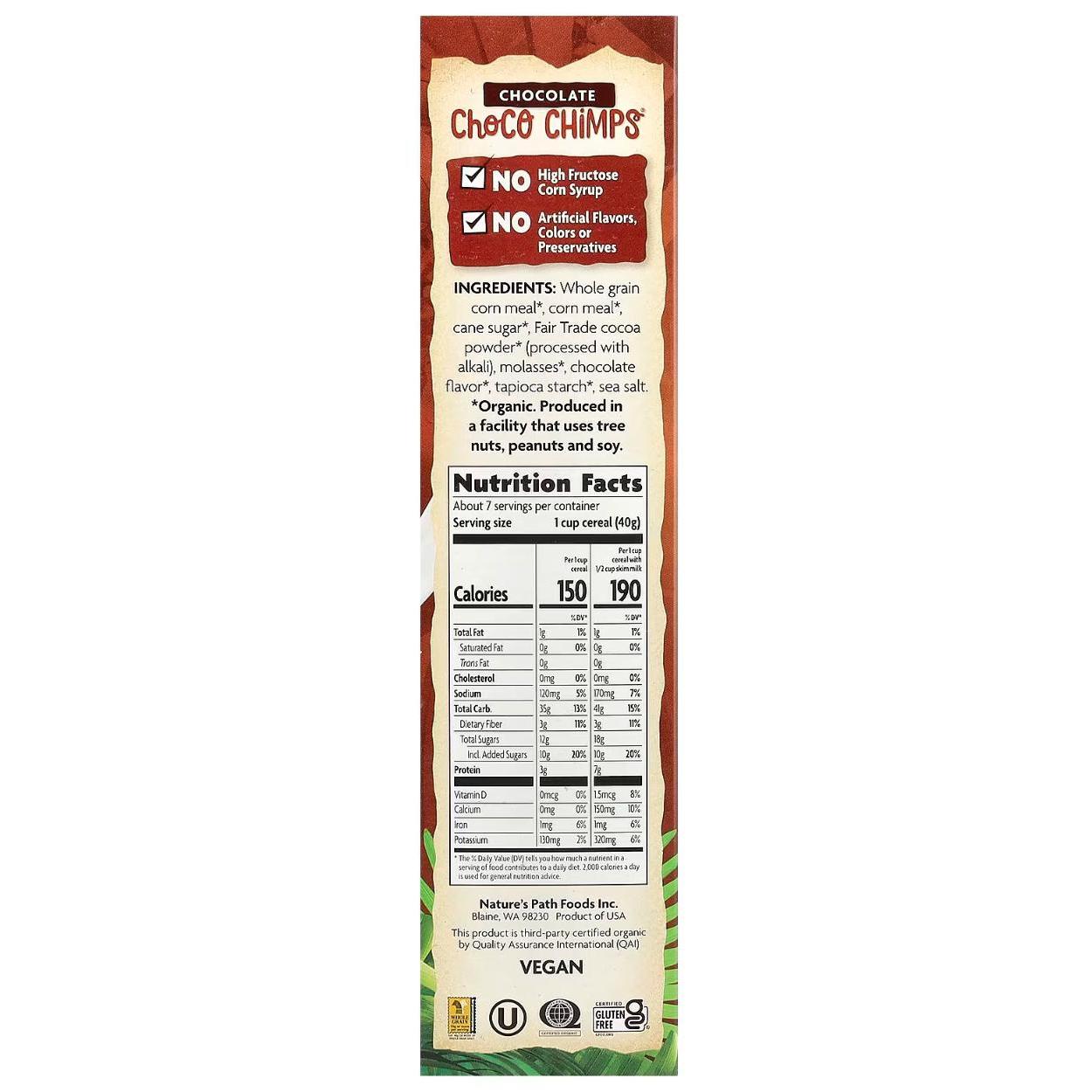 Nature's Path Envirokidz Organic Chocolate Choco Chimps Cereal Non-GMO Gluten Free 284g