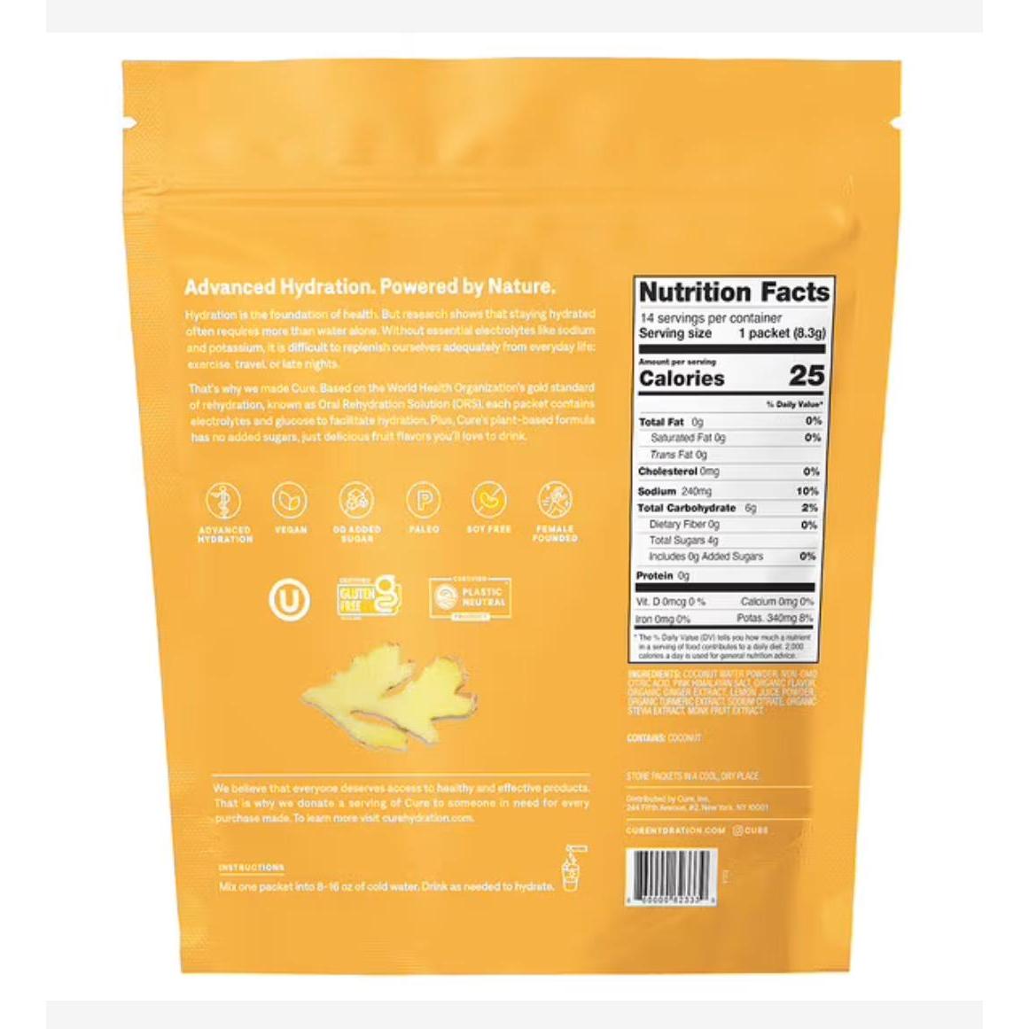 Cure Hydration Hydrating Electrolyte Drink Mix Ginger Turmeric 14 Packs