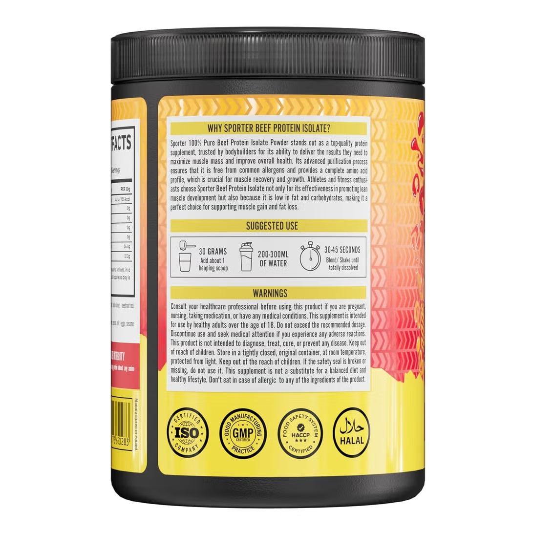 Sporter Beef Protein Isolate Raspberry Mango, Hydrolyzed Beef Protein Powder with Complete Amino Acid Profile & High Protein Content 540g