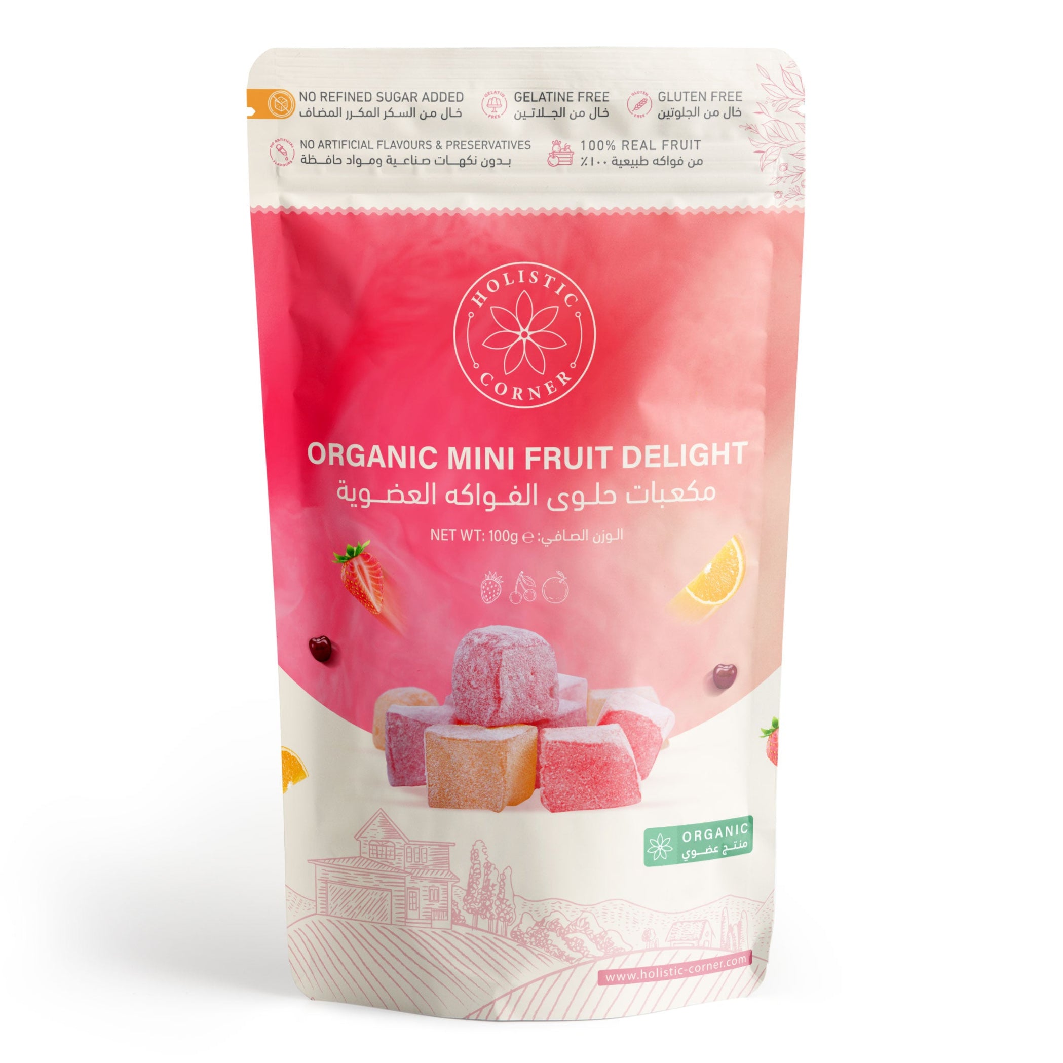 هوليستيك كورنر ميني فروت ديلايت عضوي خالي من السكر المكرر خالي من الجيلاتين خالي من الغلوتين | 100 غرام