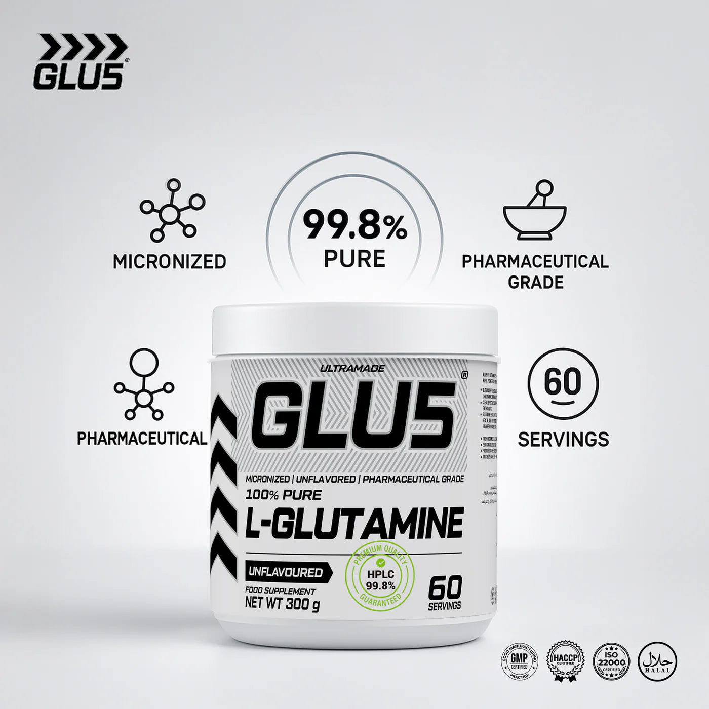 مسحوق إل-جلوتامين Ultramade GLU5، غير منكه، 300 جم، نقي بنسبة 100%، دقيق الحبيبات (ميكرونيزد) وبجودة دوائية.
