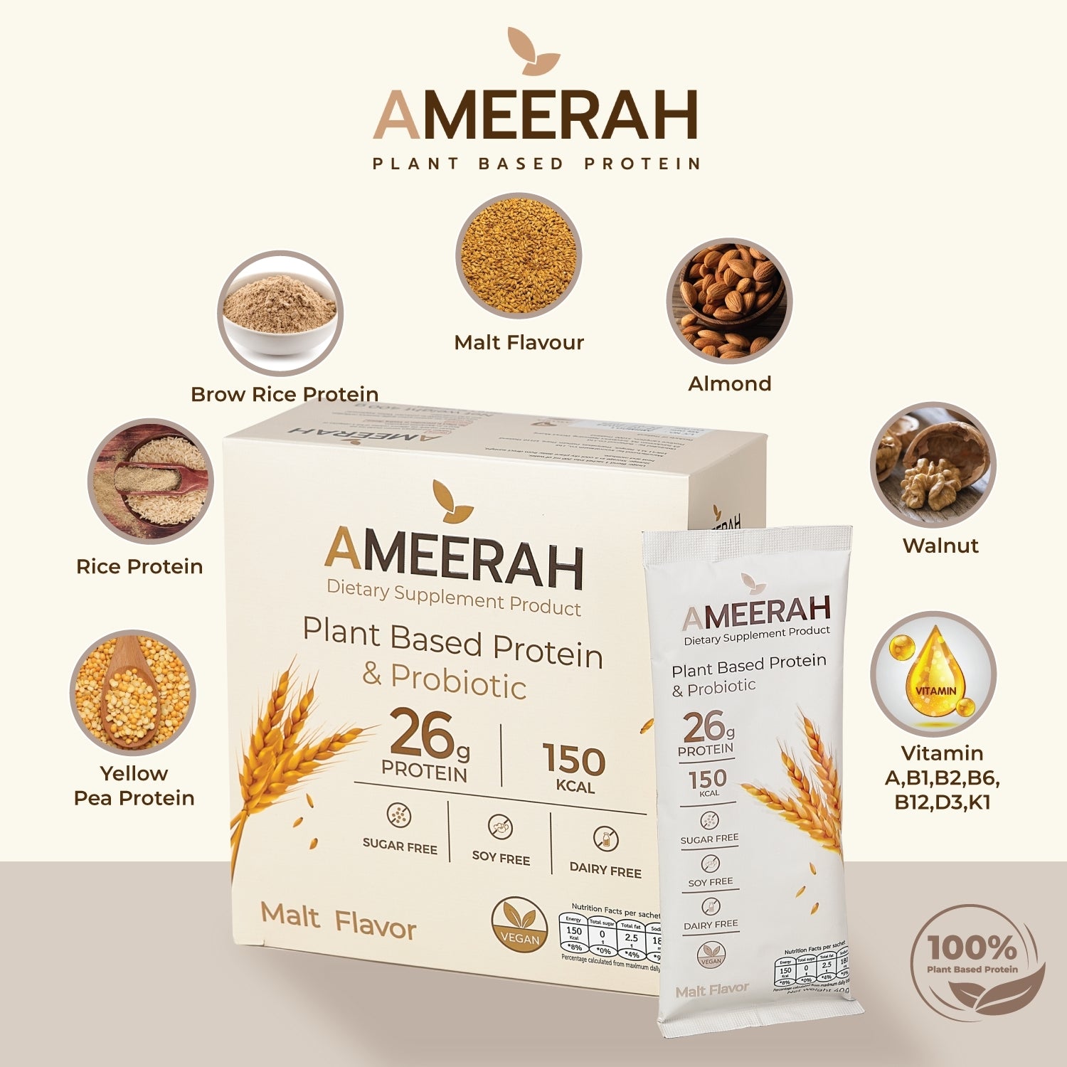 أميره مسحوق البروتين والبروبيوتيك النباتي 26 جرام بروتين خالي من السكر بنكهة الشعير 40 جرام