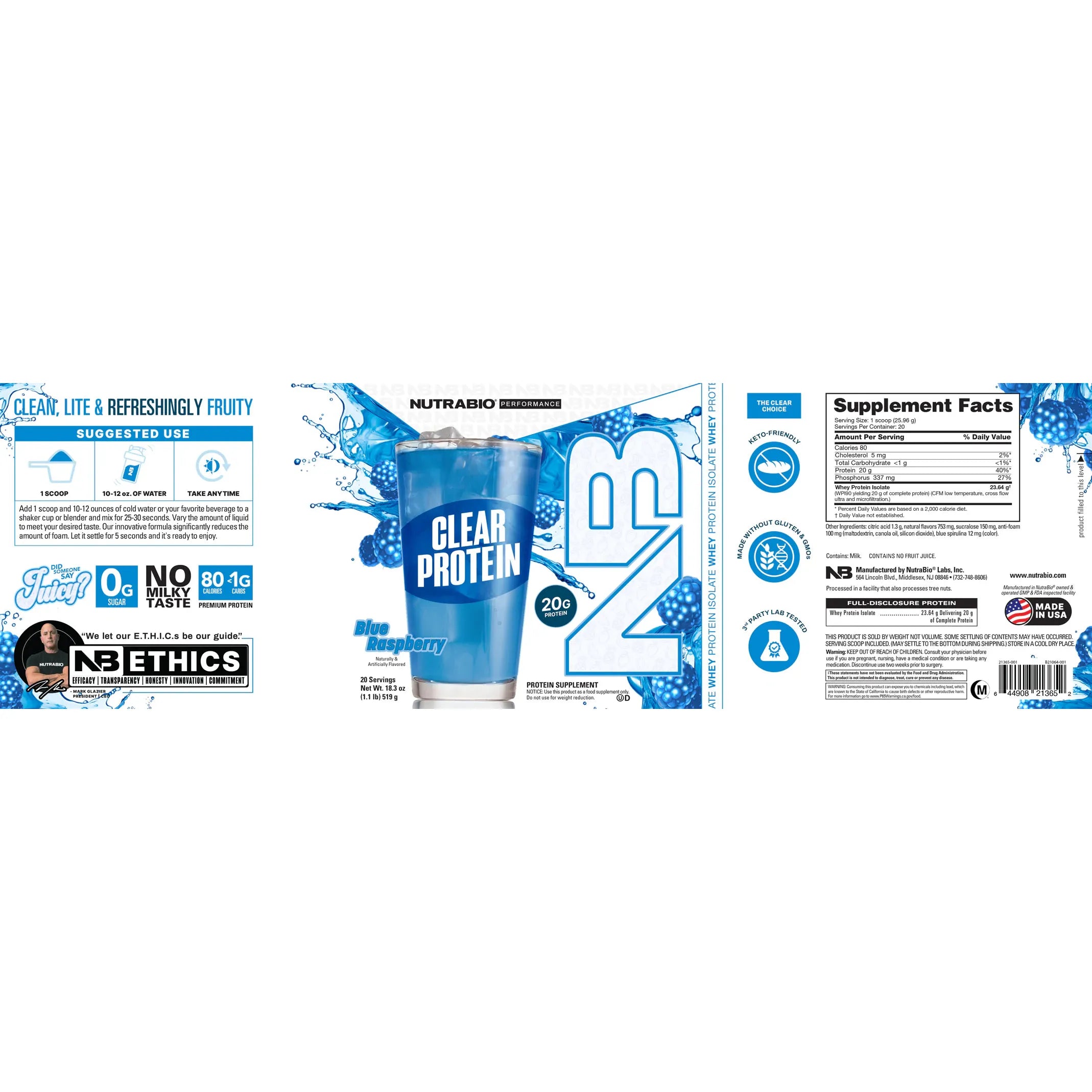 NutraBio Performance Clear Protein Blue Raspberry 519g