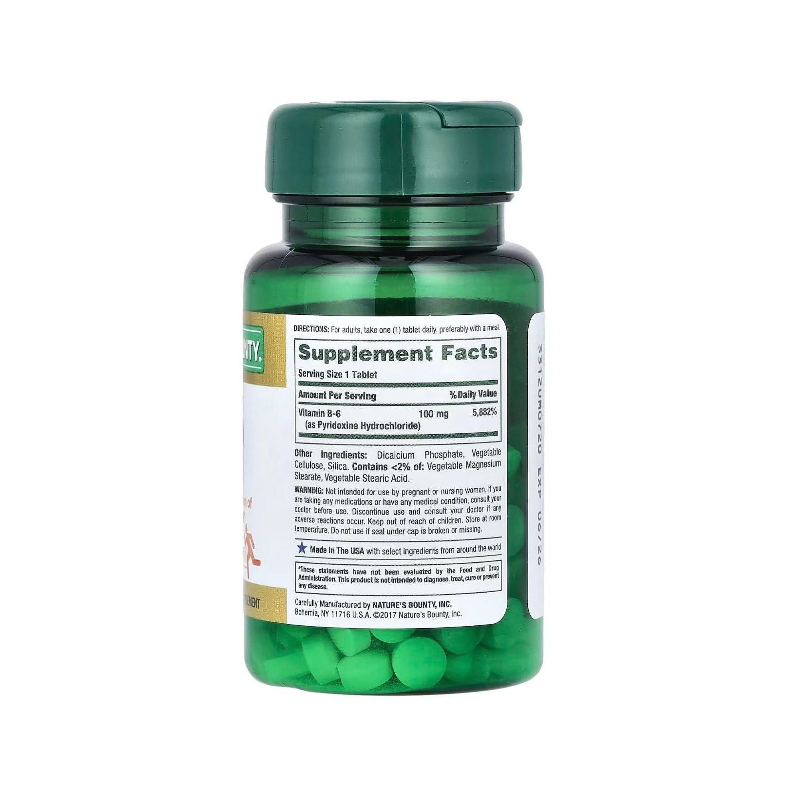 Nature's Bounty Vitamin B6 100mg Tablets - Supports Energy Metabolism & Nervous System Health, 100 Tablets