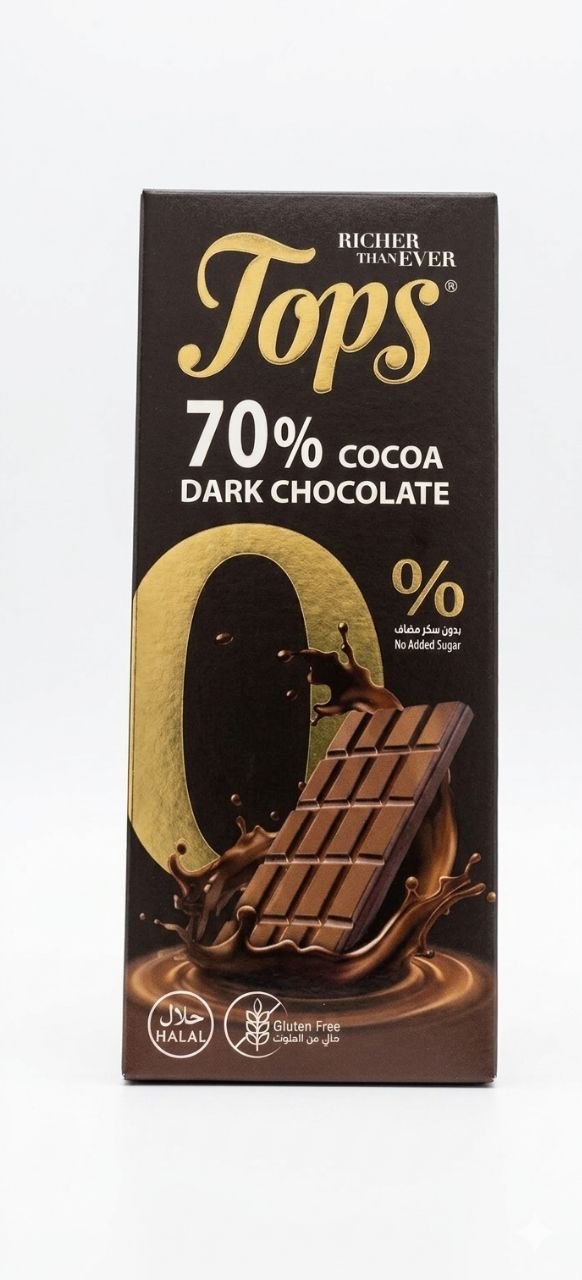 Tops 0% No Added Sugar 70% Cocoa Dark Chocolate - 50g