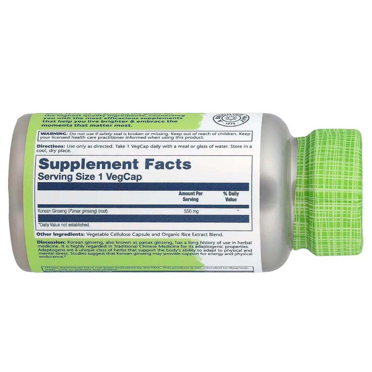 Solaray Korean Ginseng 550 mg  100 VEGCAPS Non-GMO | Healthy Stress, Energy & Physical Endurance Support | 100 VegCaps