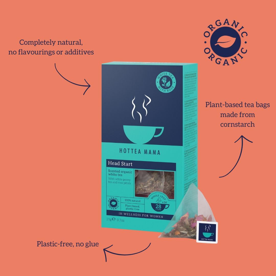 هوت تيا ماما هيد ستارت هيد ستارت شاي أبيض ومزيج أعشاب الورد كافيين بطيء الإطلاق إل-ثيانين 21 جم 14 كيس شاي قابل للتحلل