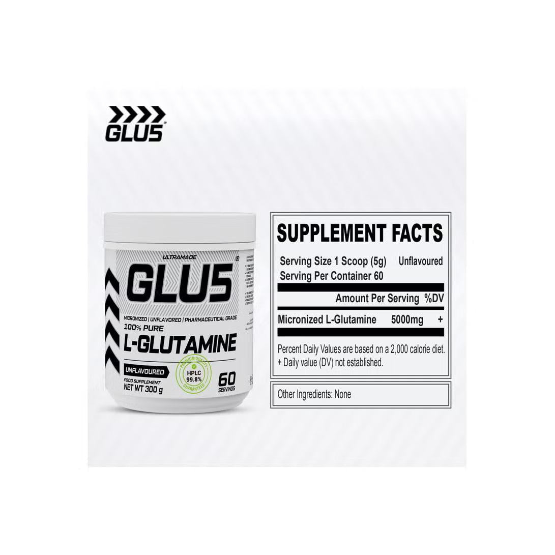 Ultramade GLU5 L-Glutamine Powder Unflavoured 300g 100% Pure Micronized & Pharmaceutical Grade
