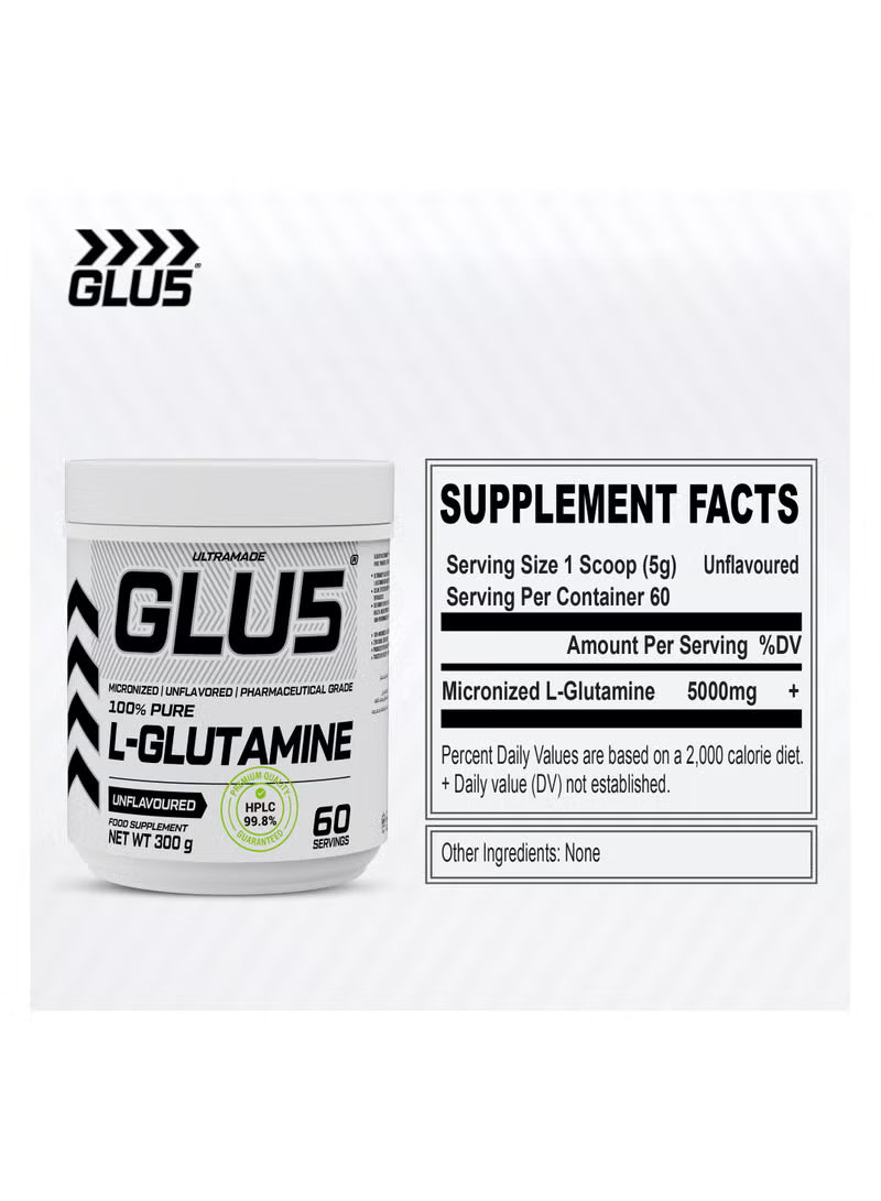 مسحوق إل-جلوتامين Ultramade GLU5، غير منكه، 300 جم، نقي بنسبة 100%، دقيق الحبيبات (ميكرونيزد) وبجودة دوائية.