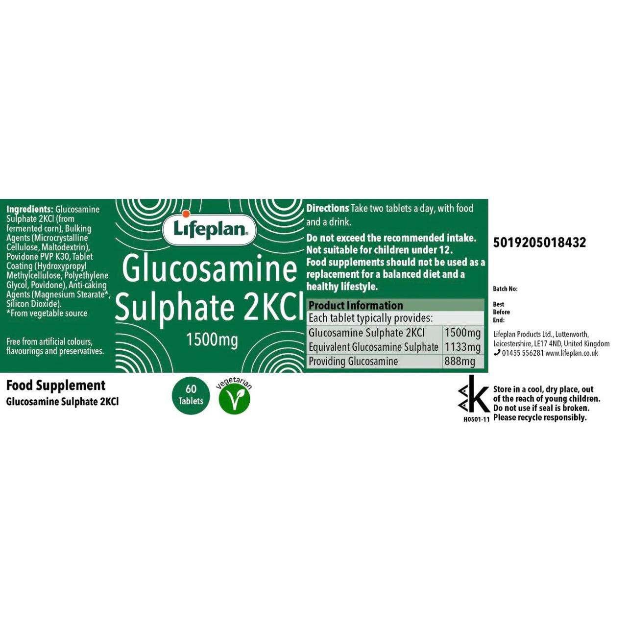 Lifeplan Glucosamine Sulphate 2KCl 1500mg 60 High Potency Vegetarian Tablets