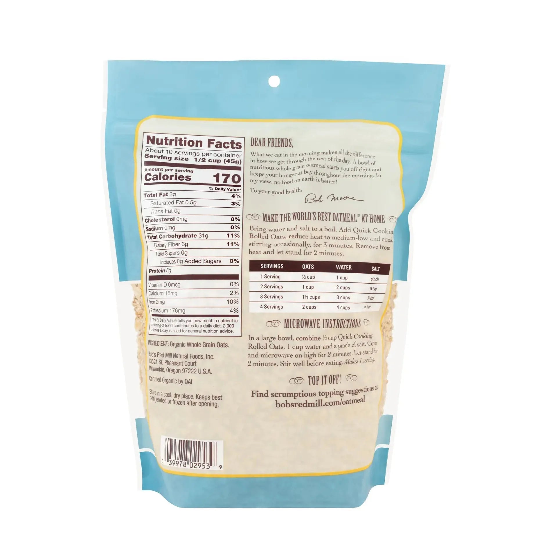 Bob's Red Mill Organic Quick Cooking Rolled Oats - 16 oz (454g)