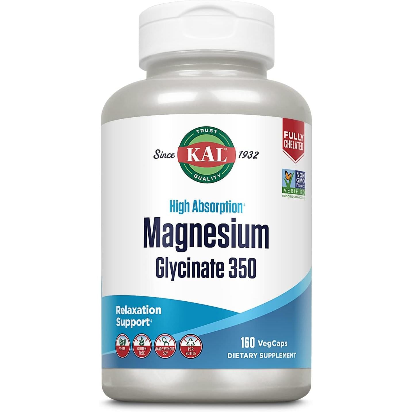KAL Magnesium Glycinate Fully Chelated Magnesium Bisglycinate Vegan Non-GMO 160 Veg Capsules