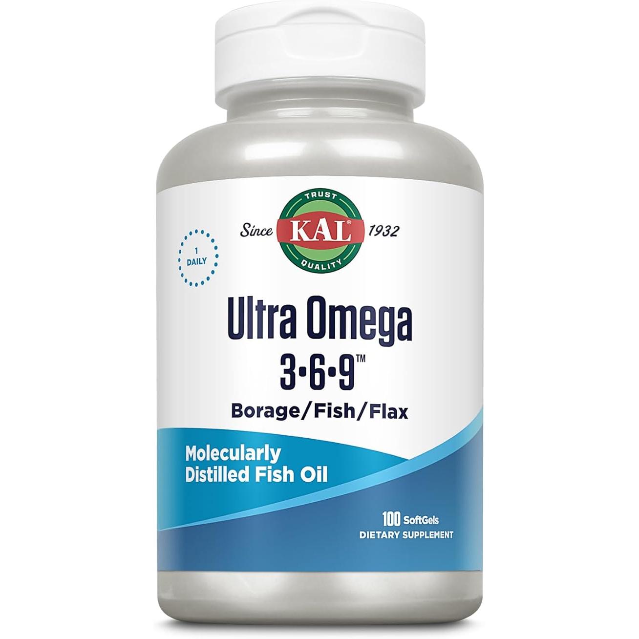 KAL Ultra Omega 3-6-9 1200mg Fish Oil with Cold Pressed Flaxseed & Borage Oil 100 Softgel