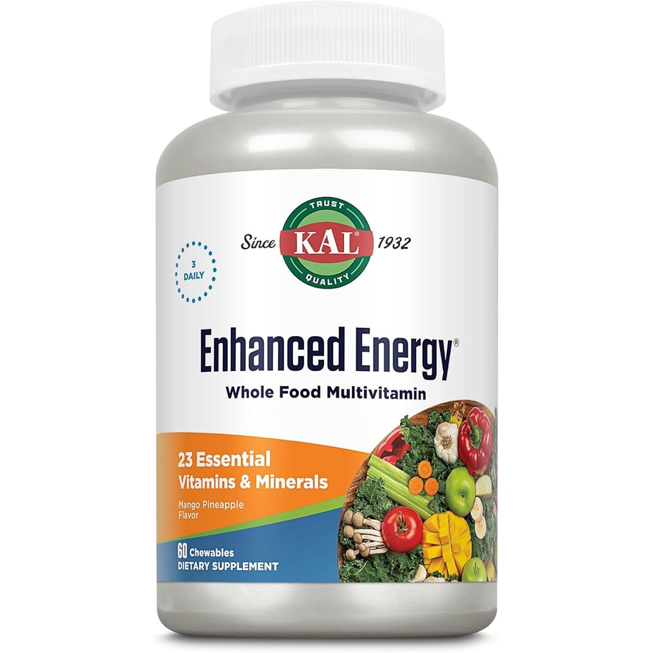 KAL Enhanced Energy Whole Food Chewable Multivitamin with Iron Mango Pineapple Flavor 60 Chewable Tablets