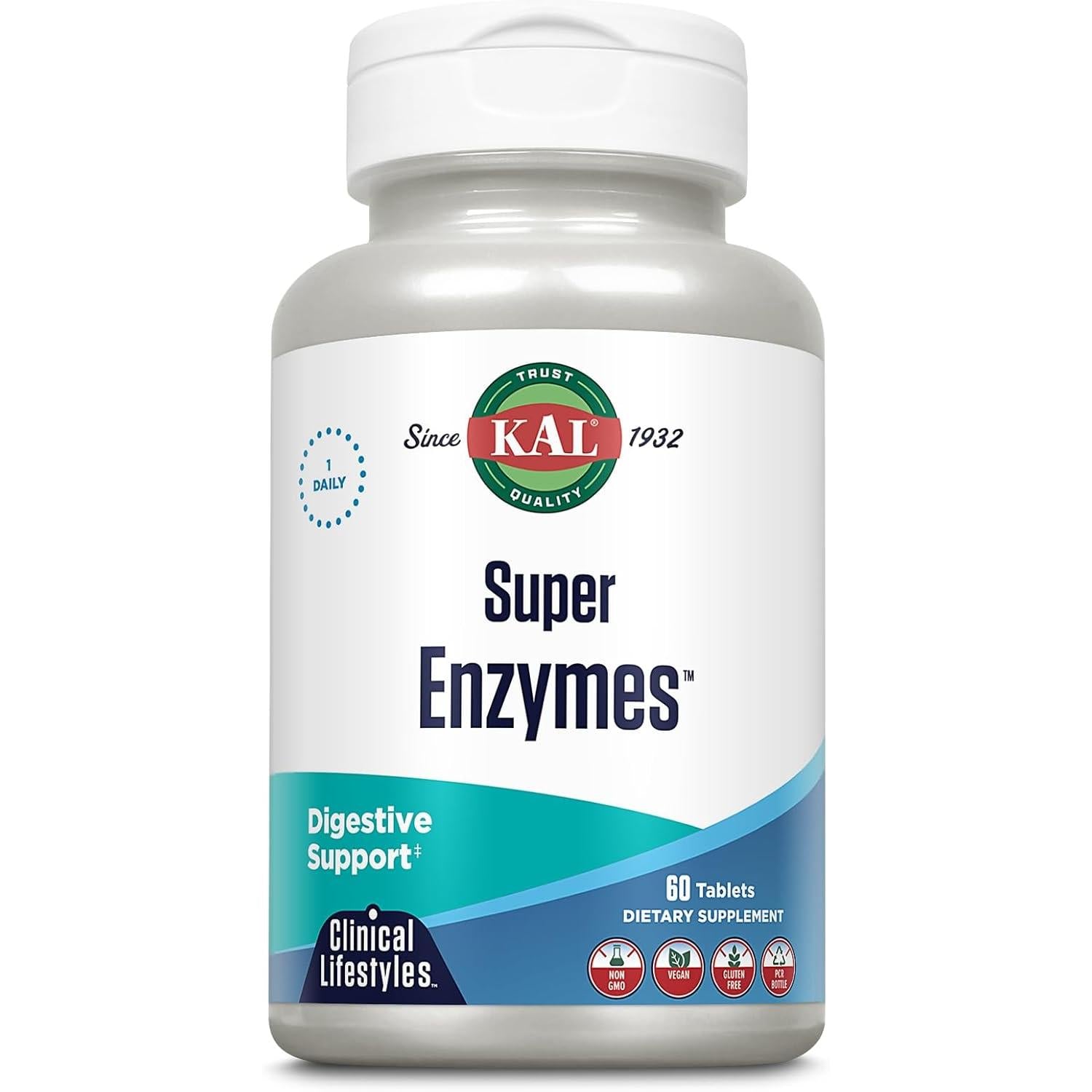 KAL Super Enzymes with Betaine HCl, Bromelain, Papain and Lactase 60 Tablets Plant-Based Vegan Non-GMO and Gluten Free