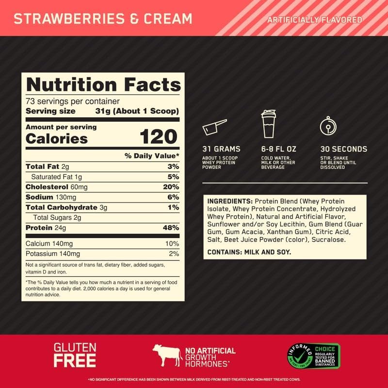 Optimum Nutrition Gold Standard 100% Whey Protein Powder Strawberries & Cream, 2.26 KG