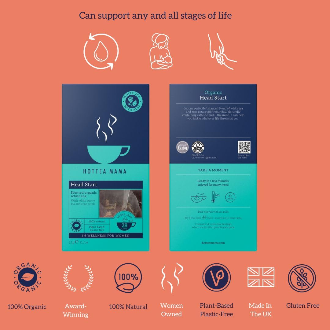 هوت تيا ماما هيد ستارت هيد ستارت شاي أبيض ومزيج أعشاب الورد كافيين بطيء الإطلاق إل-ثيانين 21 جم 14 كيس شاي قابل للتحلل