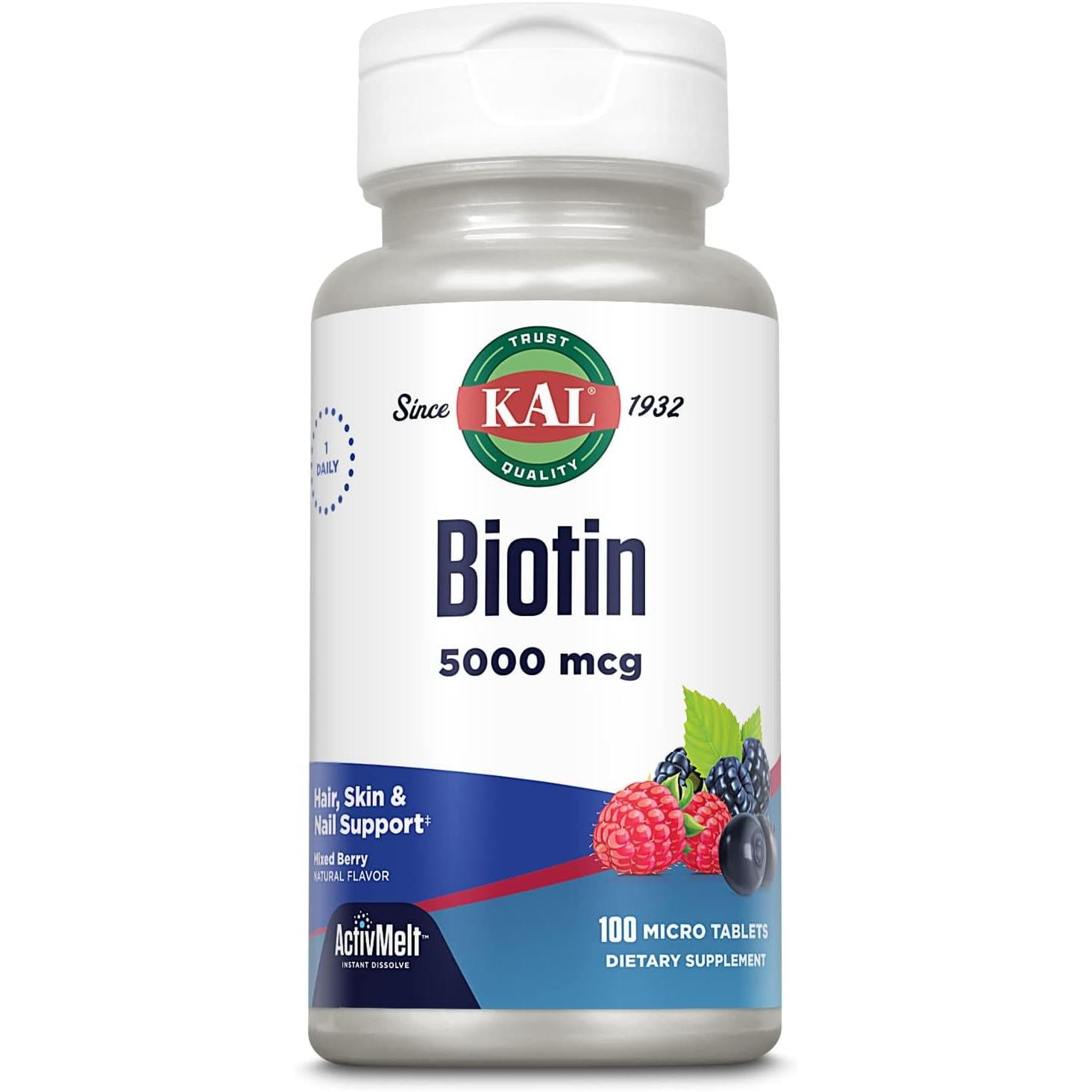 KAL Biotin 5000mcg ActivMelt Hair, Skin & Nail Support Mixed Berry 100 Micro Tablets