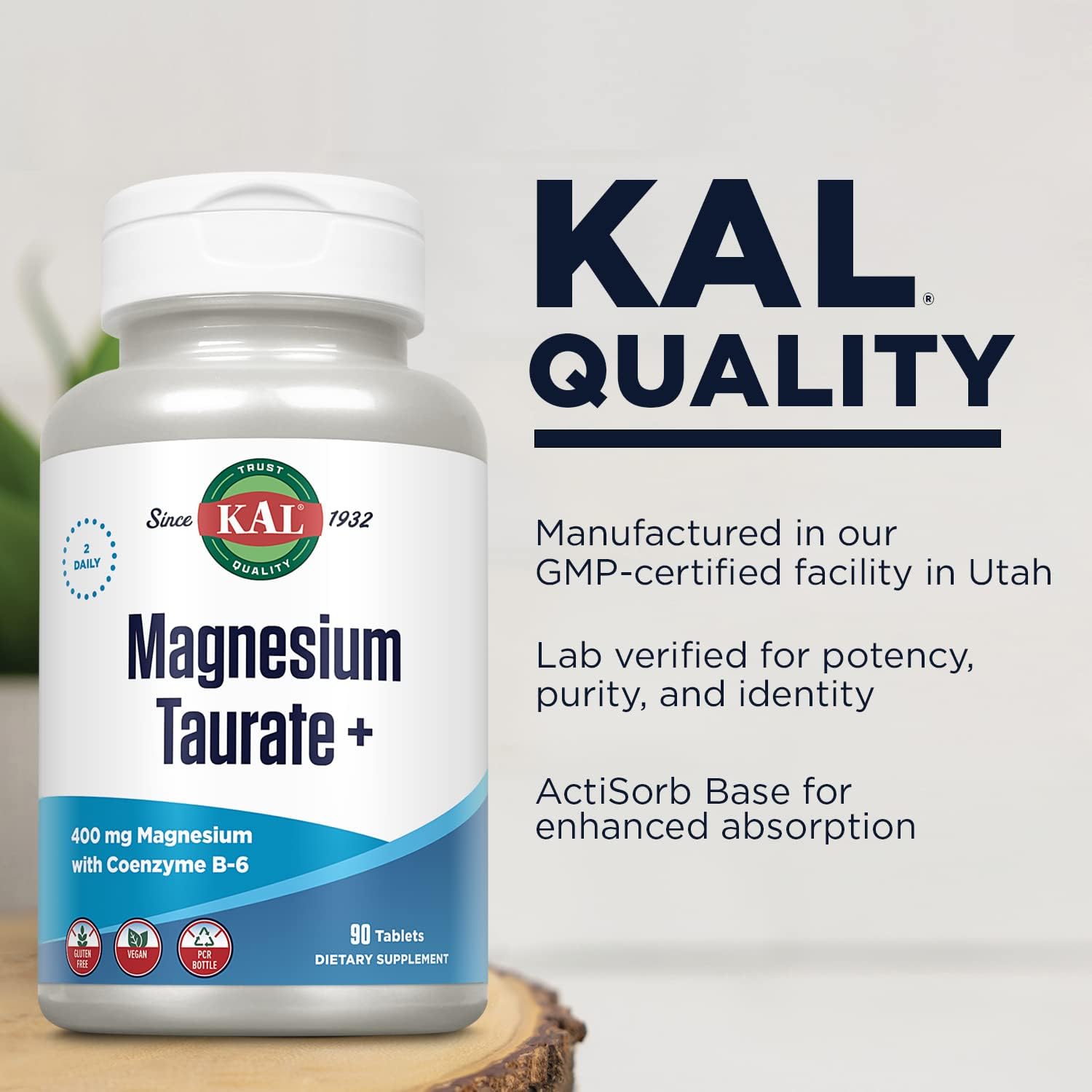 KAL Magnesium Taurate 400mg Plus CoEnzyme Vitamin B6 Chelated Magnesium Gluten Free Vegan 90 Tablets