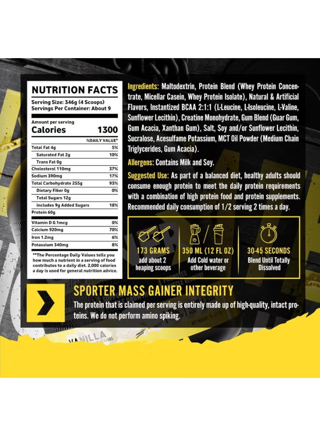 سبورتر، مكمل غذائي عالي البروتين لزيادة الكتلة العضلية مع الكرياتين وBCAA وزيت MCT بنكهة الفانيليا، 3175 جم