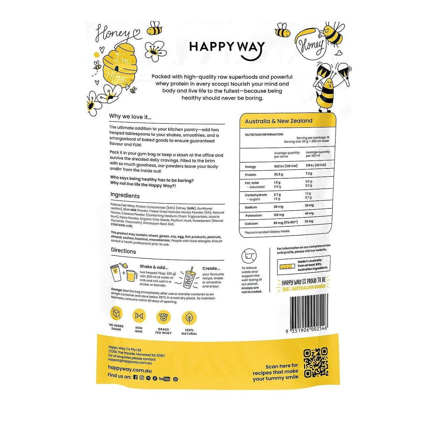 هابي واي مسحوق بروتين مصل اللبن العضوي الطبيعي بالكامل - عسل مانوكا (إصدار محدود) 500 جرام