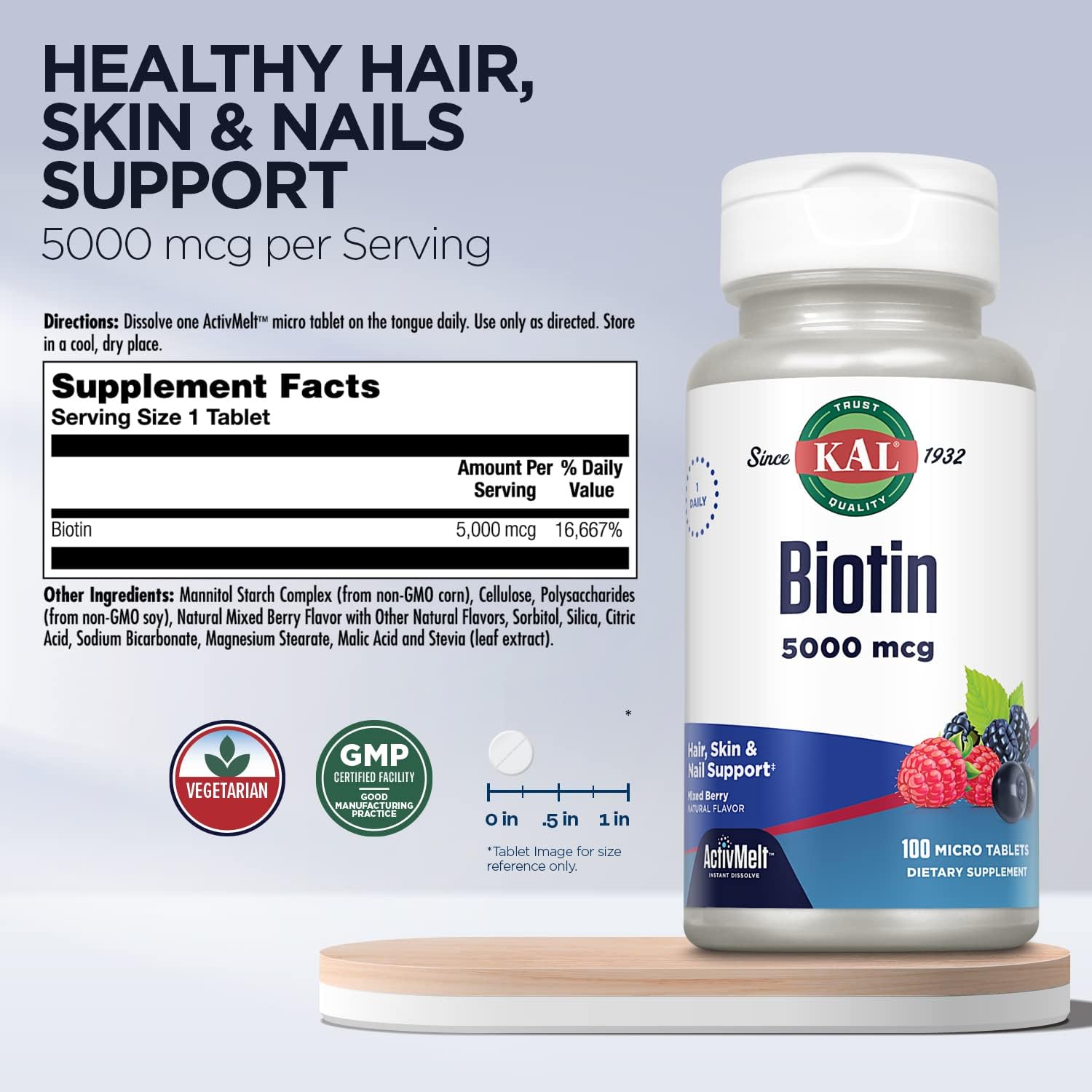 KAL Biotin 5000mcg ActivMelt Hair, Skin & Nail Support Mixed Berry 100 Micro Tablets