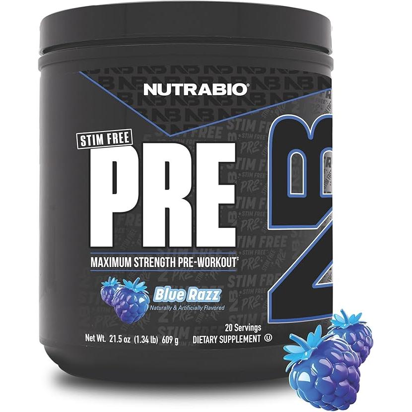 NutraBio STIM-Free PRE Workout, 20 Servings Blue Razz 609g