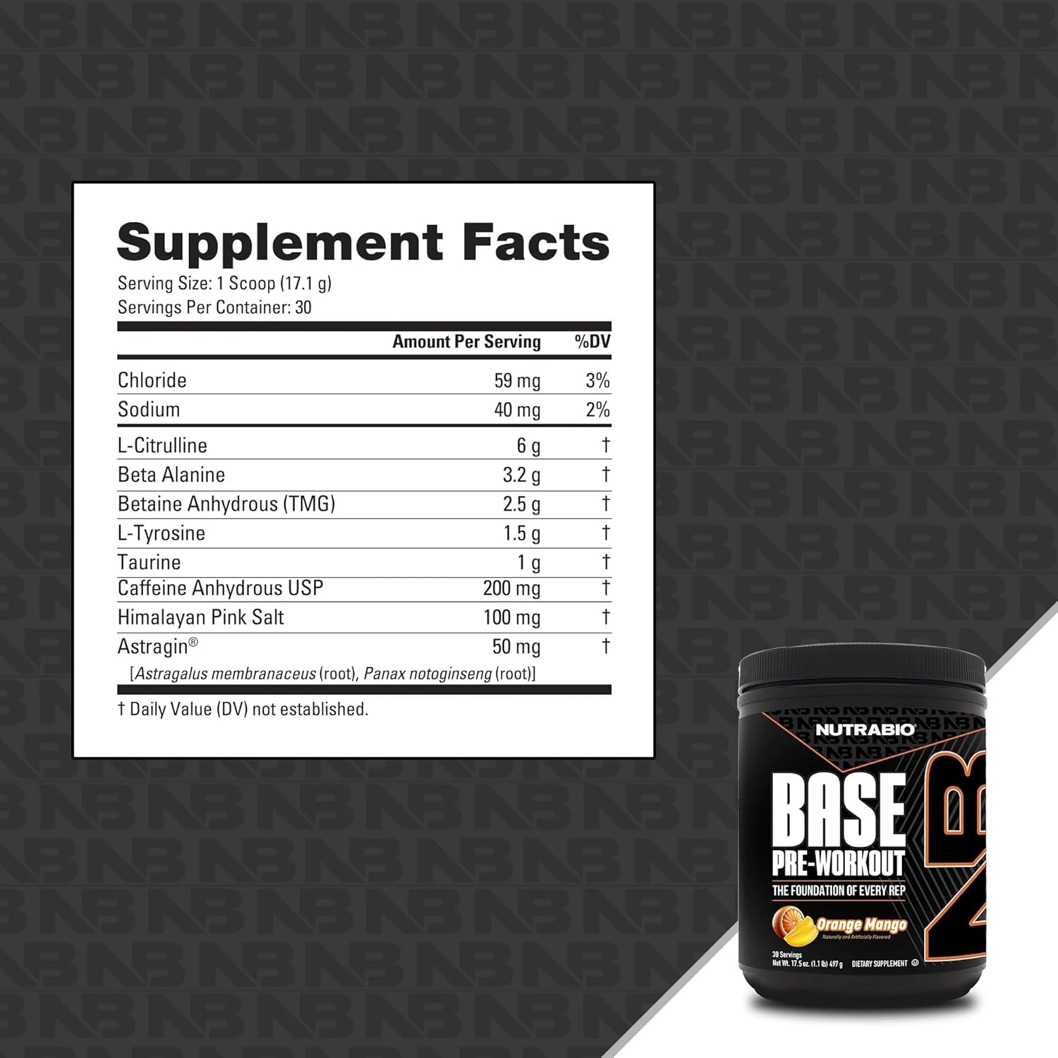 NutraBio Base Pre-Workout Powder 200mg Caffeine, Orange Mango 514g