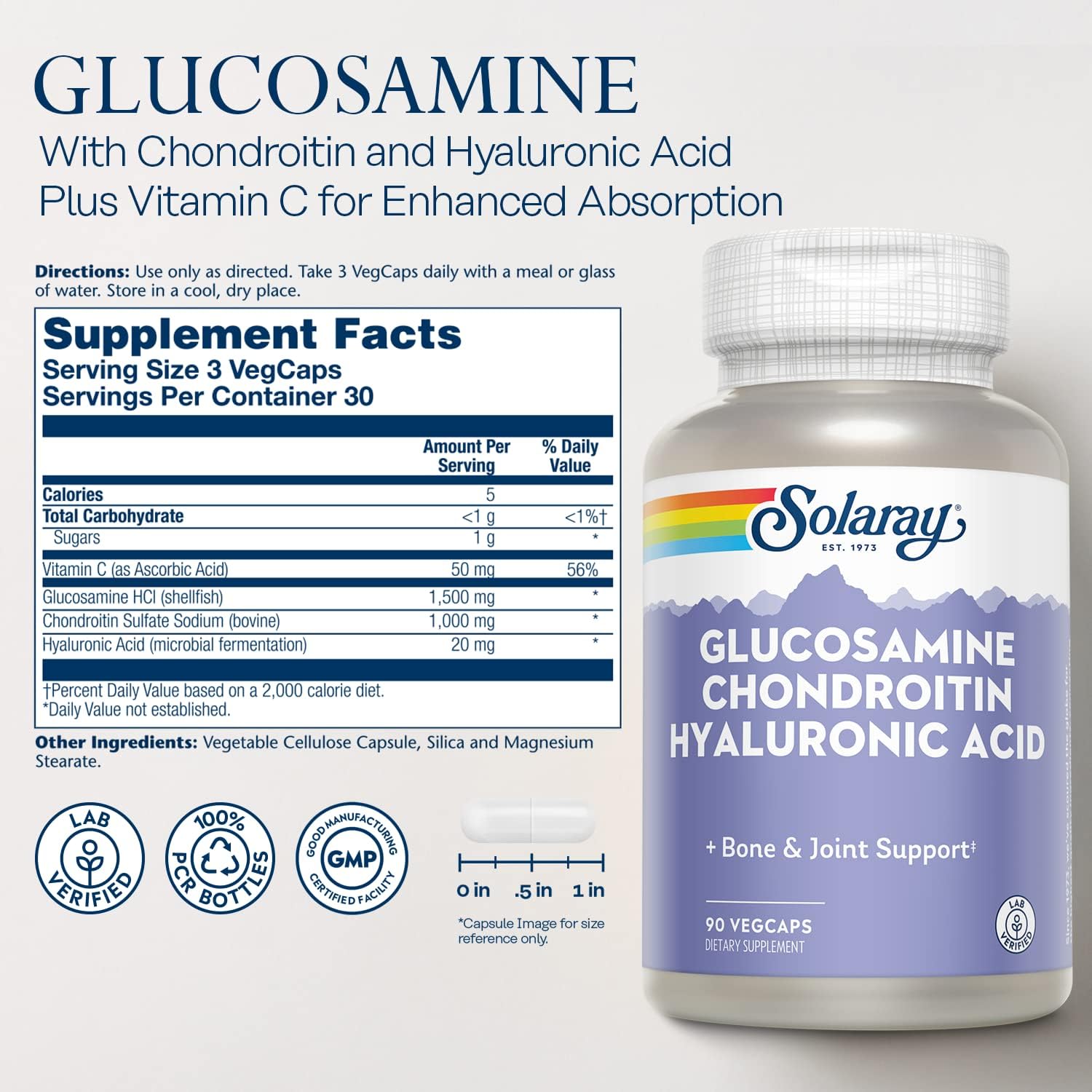 Solaray Glucosamine Chondroitin and Hyaluronic Acid 90 Veg Capsules
