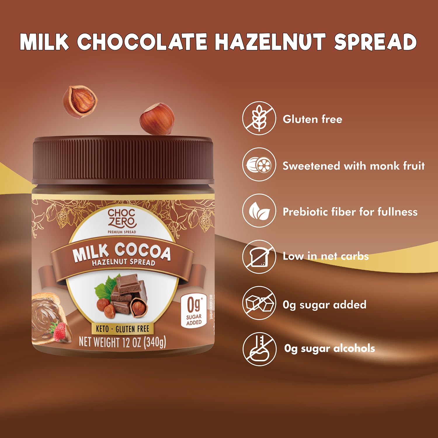 ChocZero Milk Cocoa Hazelnut Spread Keto Friendly No Sugar Added Sweetened with Monk Fruit 340g Gluten Free