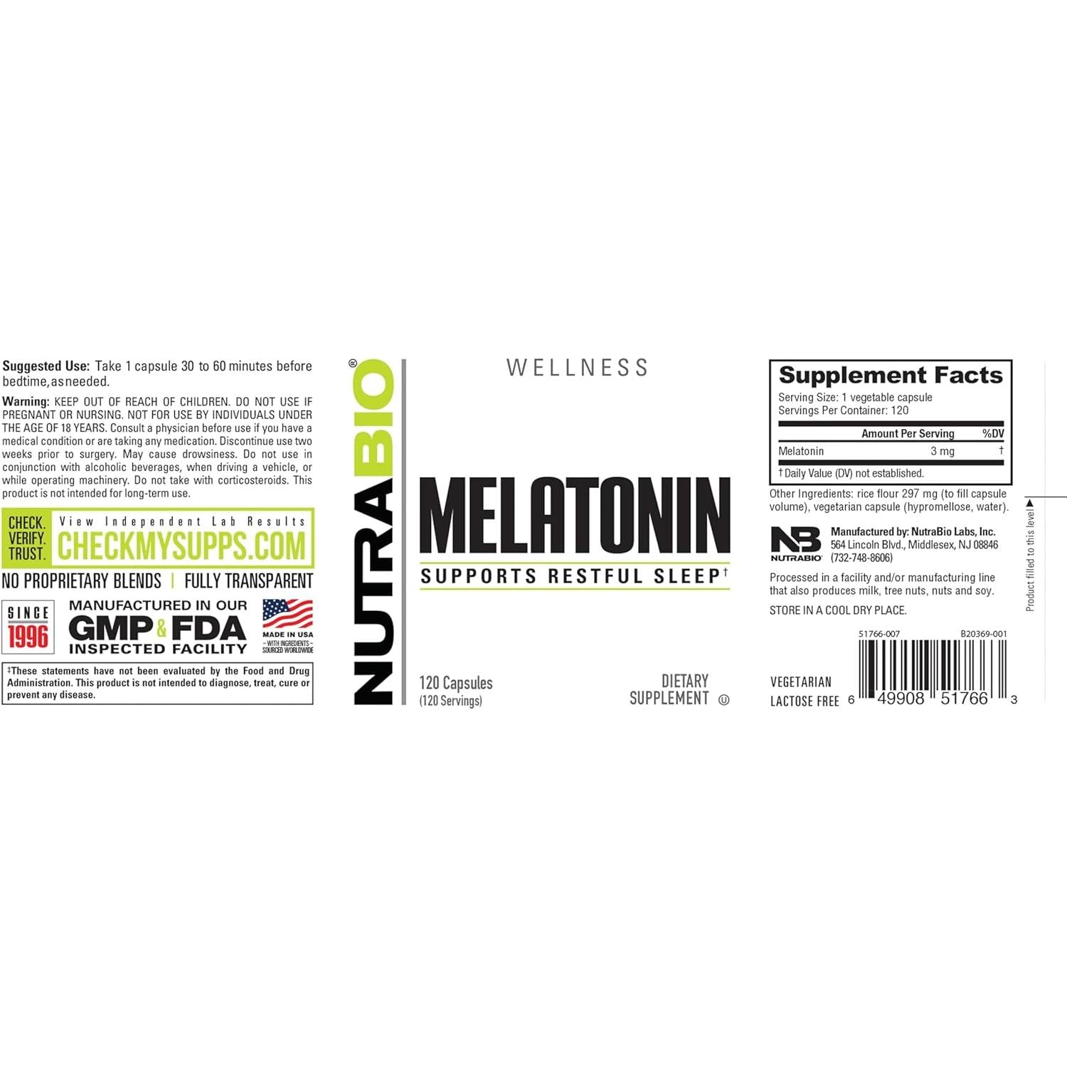 NutraBio Melatonin 3 Mg 120 Vegetable Capsules