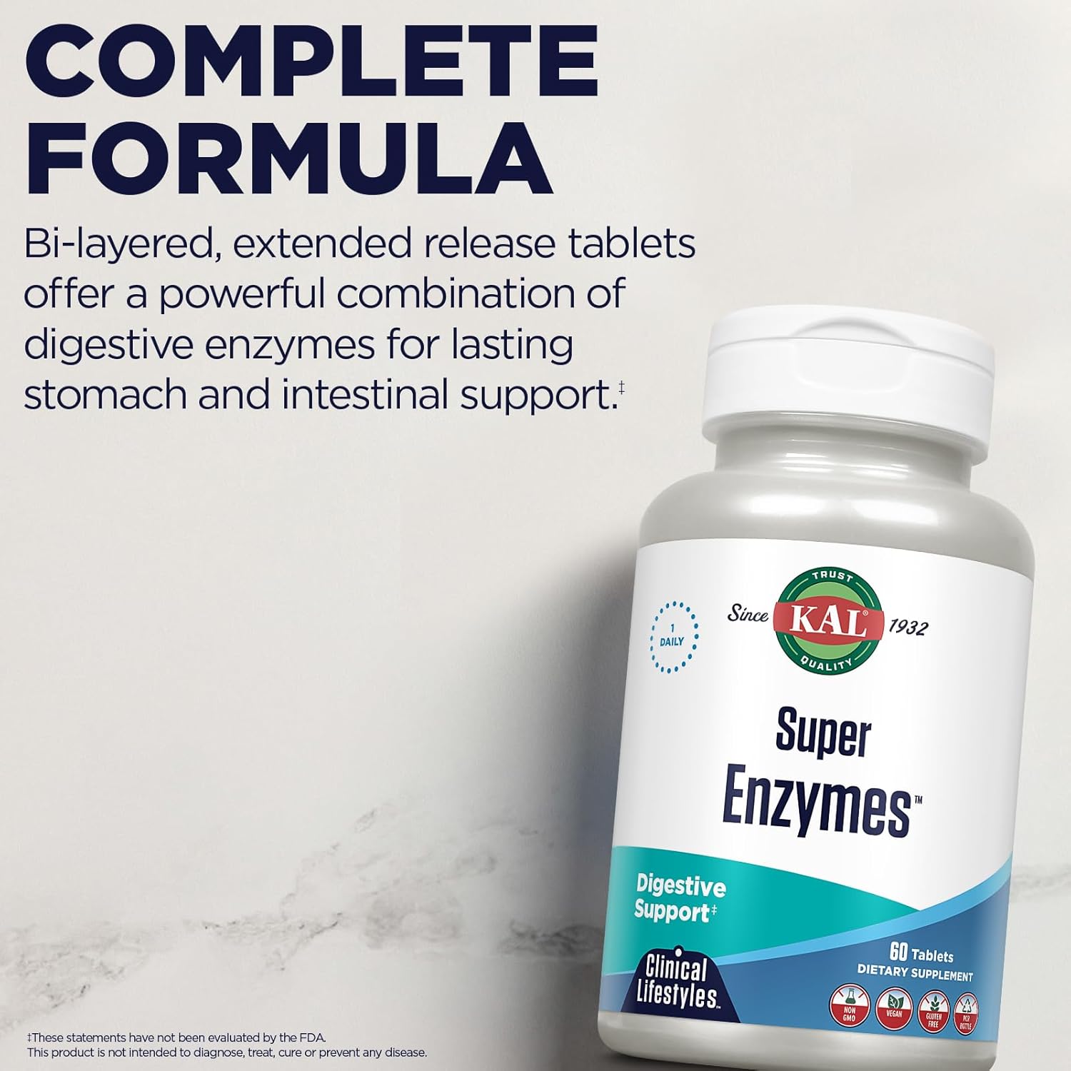 KAL Super Enzymes with Betaine HCl, Bromelain, Papain and Lactase 60 Tablets Plant-Based Vegan Non-GMO and Gluten Free