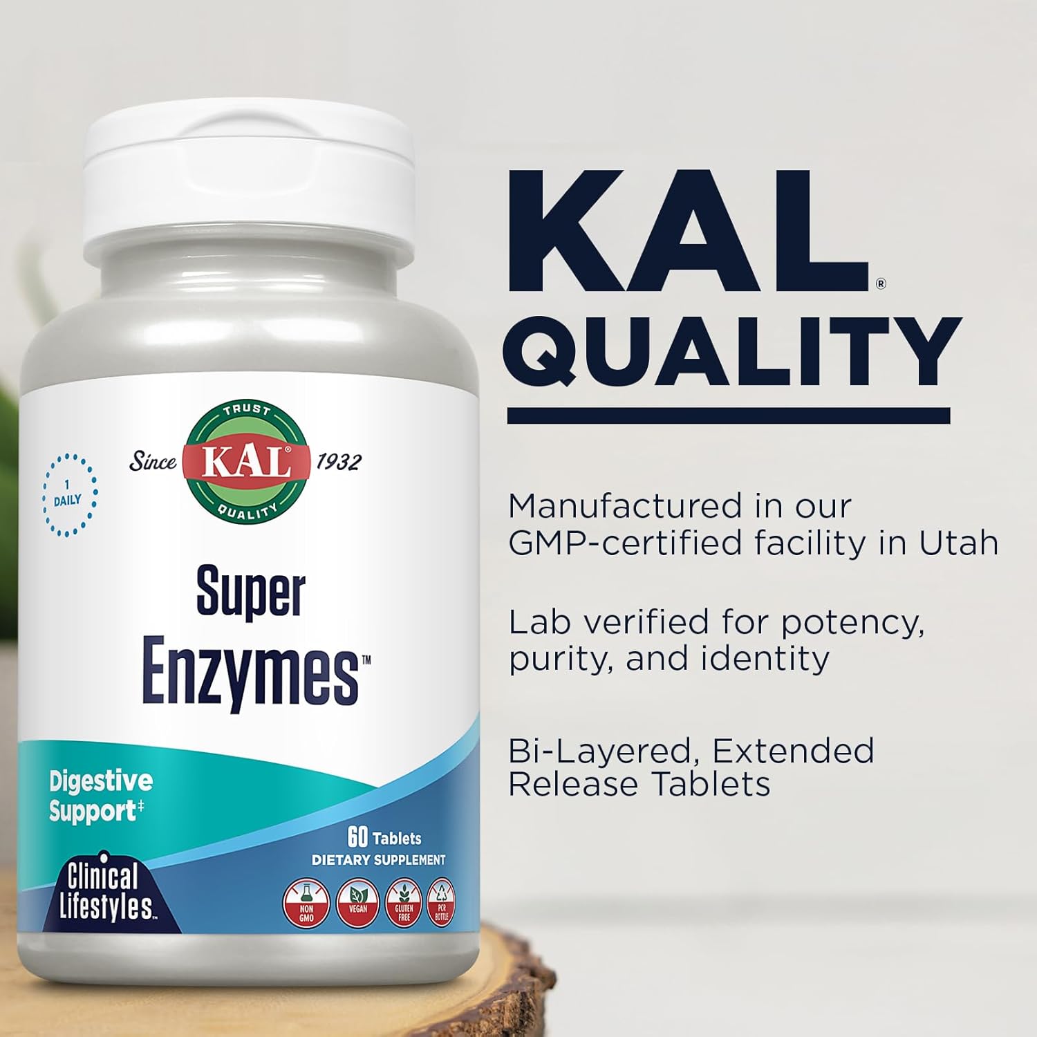 KAL Super Enzymes with Betaine HCl, Bromelain, Papain and Lactase 60 Tablets Plant-Based Vegan Non-GMO and Gluten Free