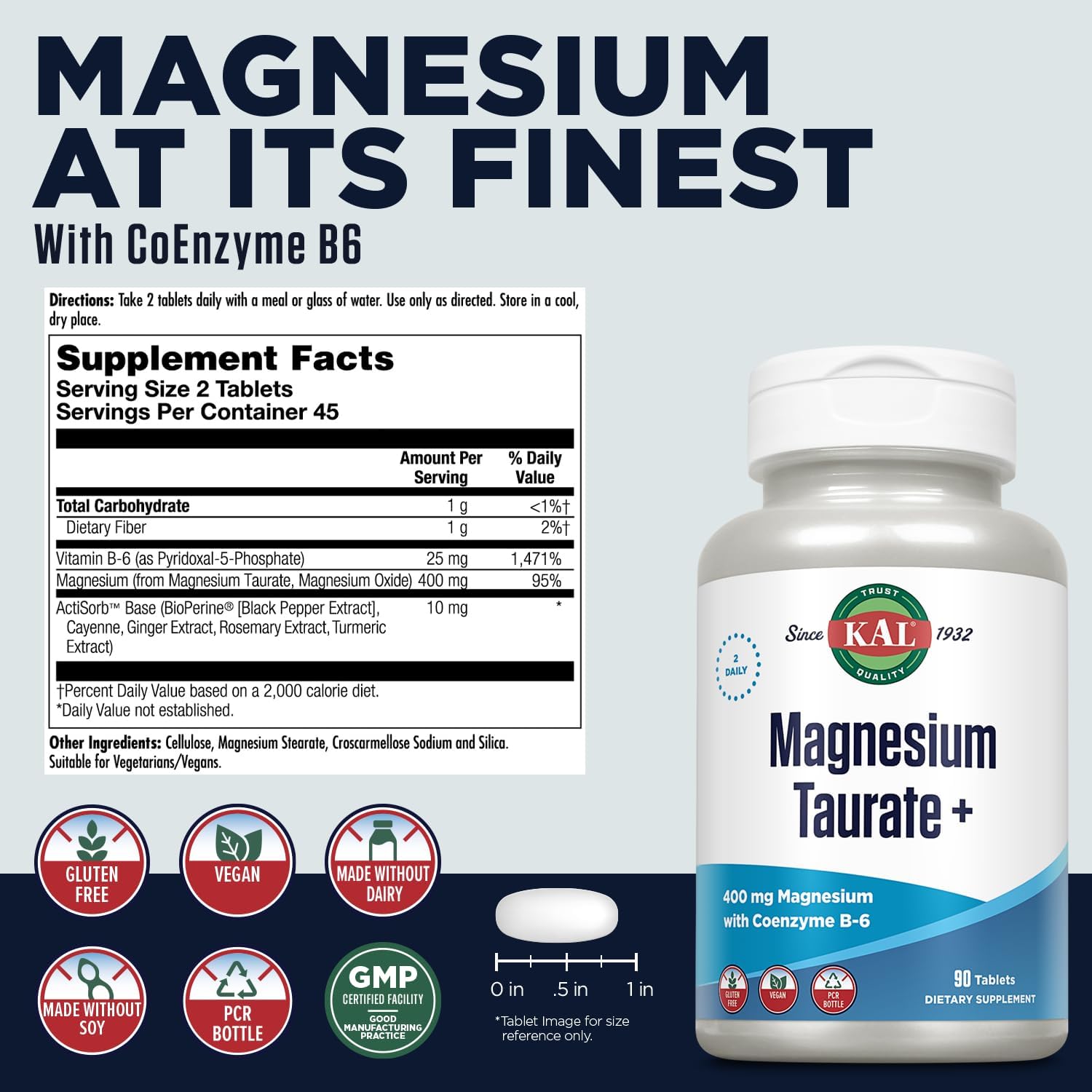KAL Magnesium Taurate 400mg Plus CoEnzyme Vitamin B6 Chelated Magnesium Gluten Free Vegan 90 Tablets