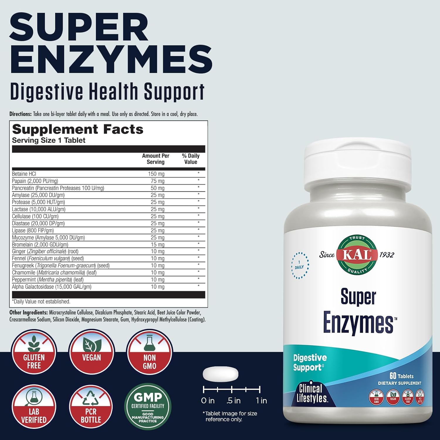 KAL Super Enzymes with Betaine HCl, Bromelain, Papain and Lactase 60 Tablets Plant-Based Vegan Non-GMO and Gluten Free