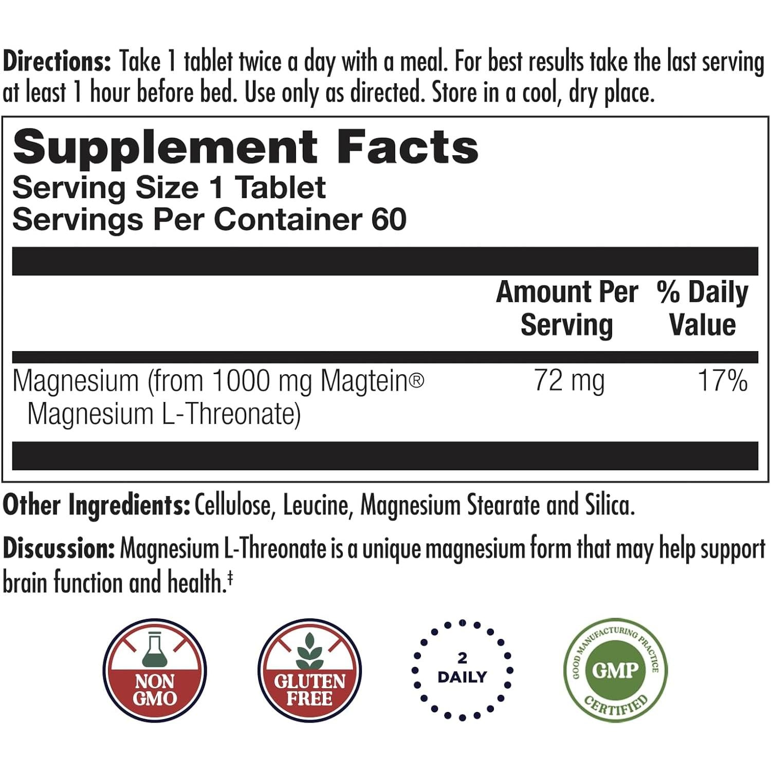 KAL Think Magnesium L-Threonate 2000 mg Vegan Gluten Free & Non-GMO 60 Tablets