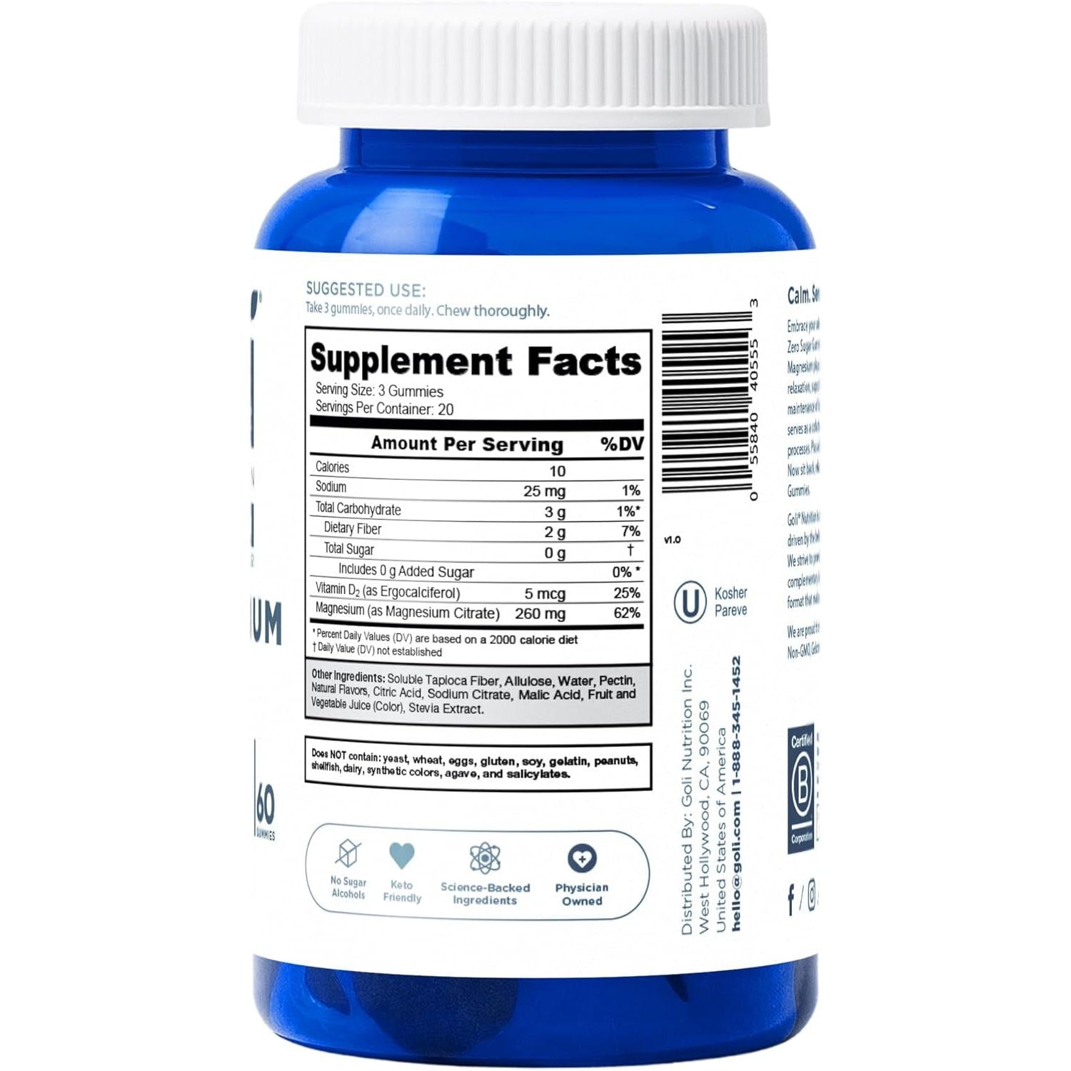 Goli Nutrition Magnesium Zero Sugar Gummies Vegan Gluten Free Non-GMO - 60 gummies