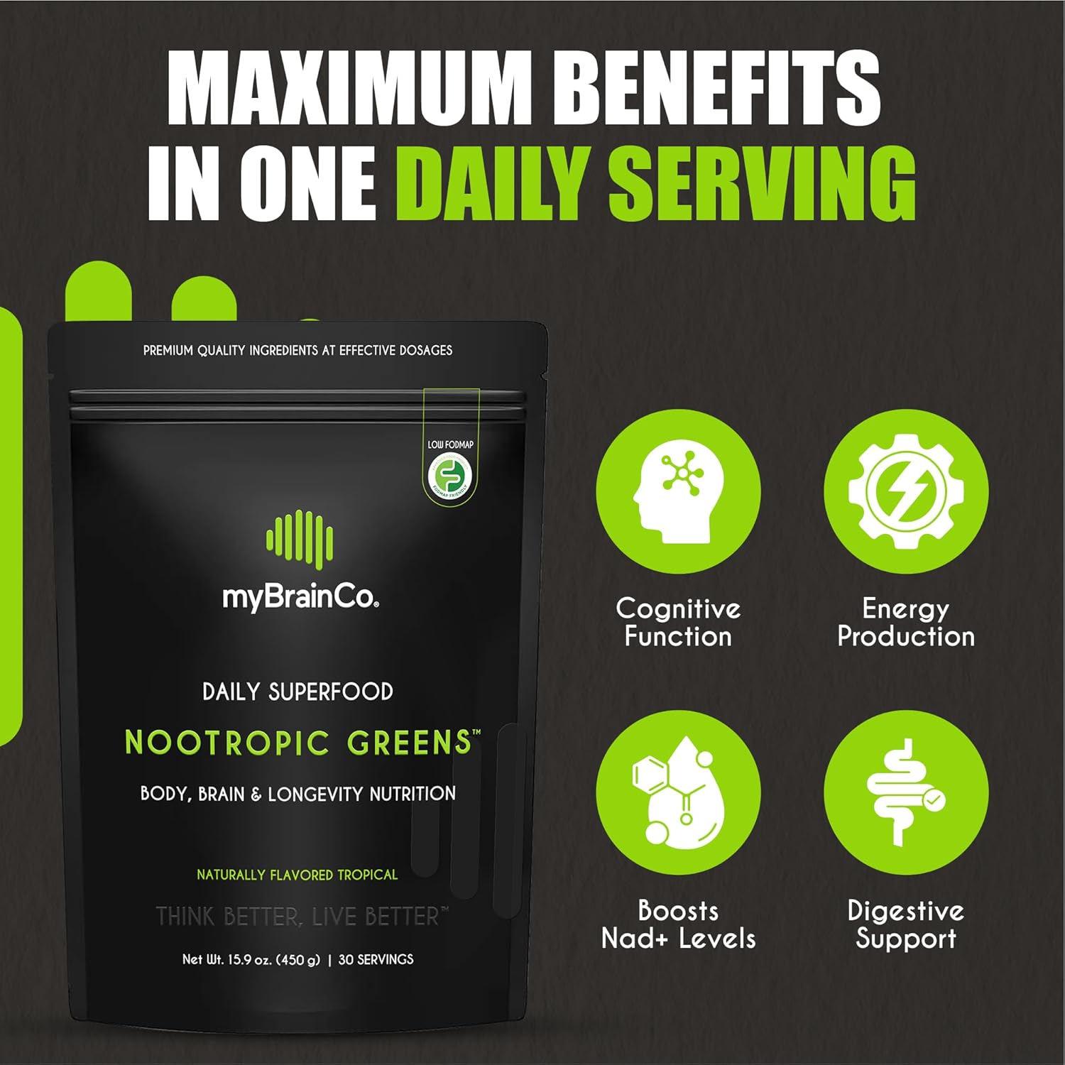myBrainCo Nootropic Greens Daily Superfood for Body, Brain & Longevity 225g