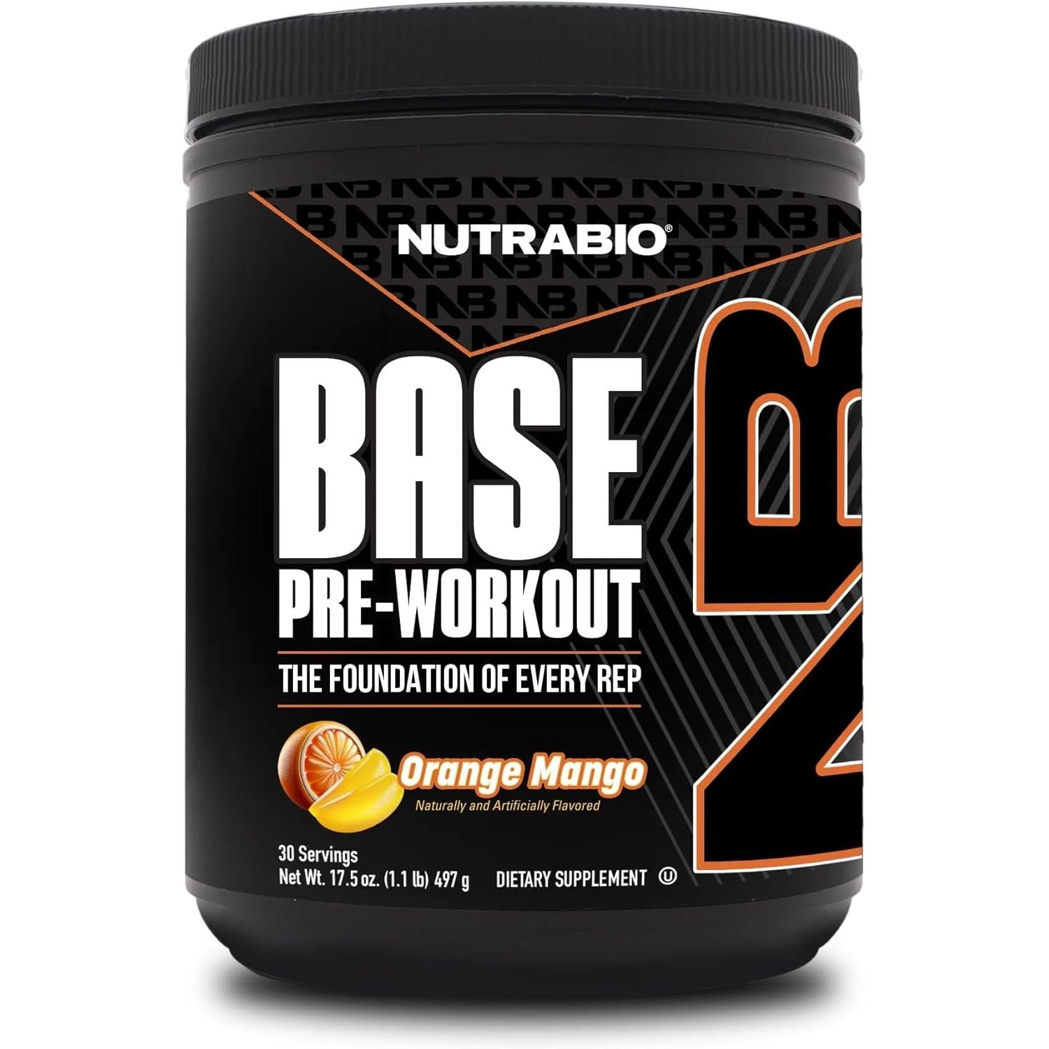 NutraBio Base Pre-Workout Powder 200mg Caffeine, Orange Mango 514g