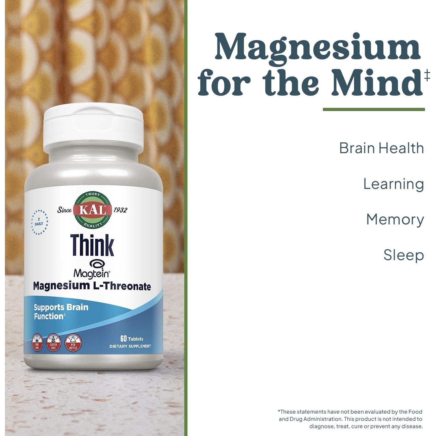 KAL Think Magnesium L-Threonate 2000 mg Vegan Gluten Free & Non-GMO 60 Tablets