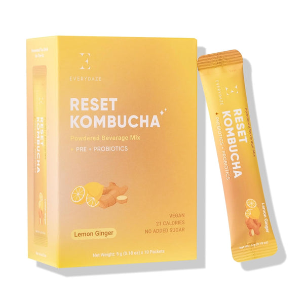 Everydaze Reset Kombucha Tea Powdered Beverage Mix | 10 Sticks | Prebiotics + Probiotics | Vegan | No Added Sugar, Gluten Free, Sparkling Powder Drink Lemon Ginger