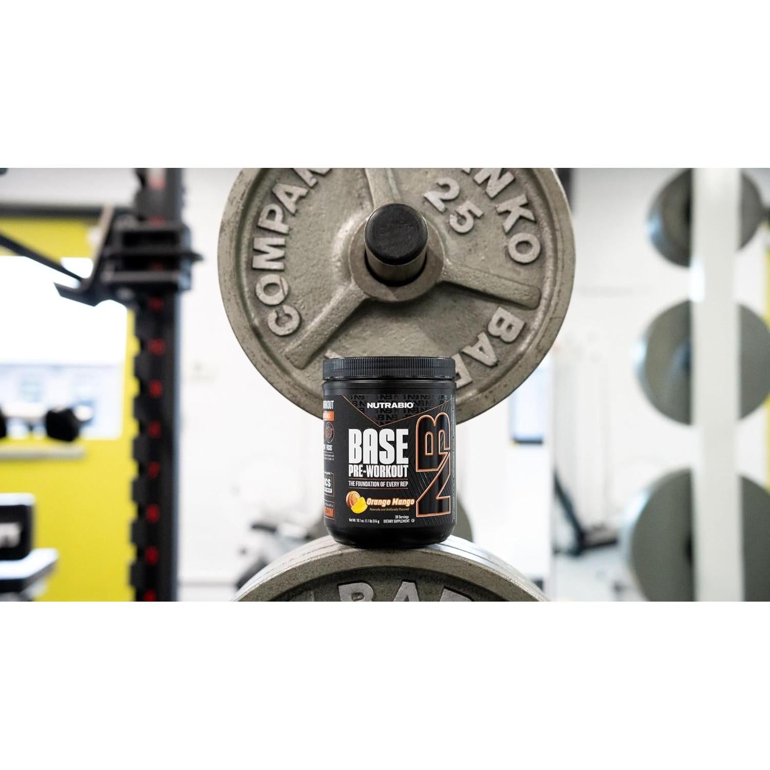 NutraBio Base Pre-Workout Powder 200mg Caffeine, Orange Mango 514g