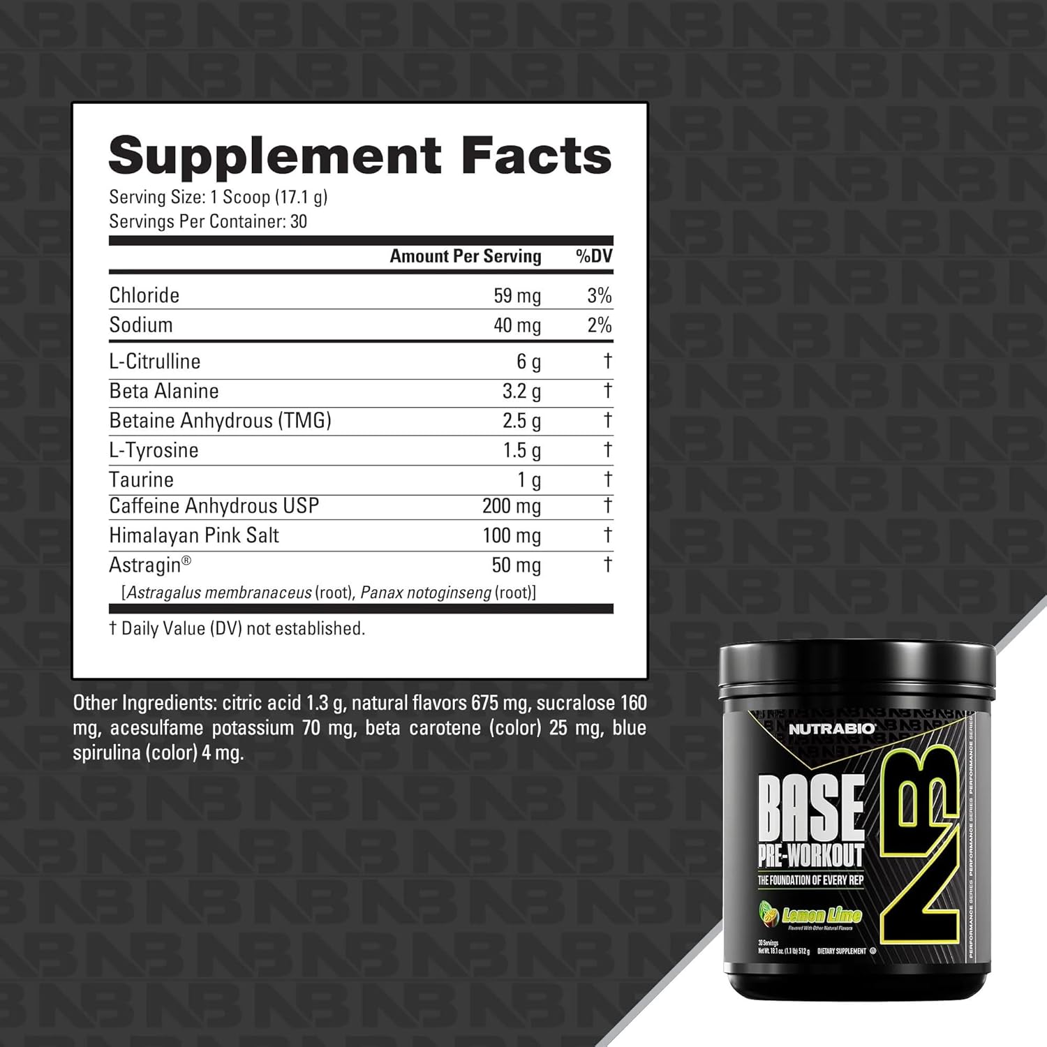 NutraBio Base Pre-Workout Powder 200mg Caffeine Lemon Lime 512g