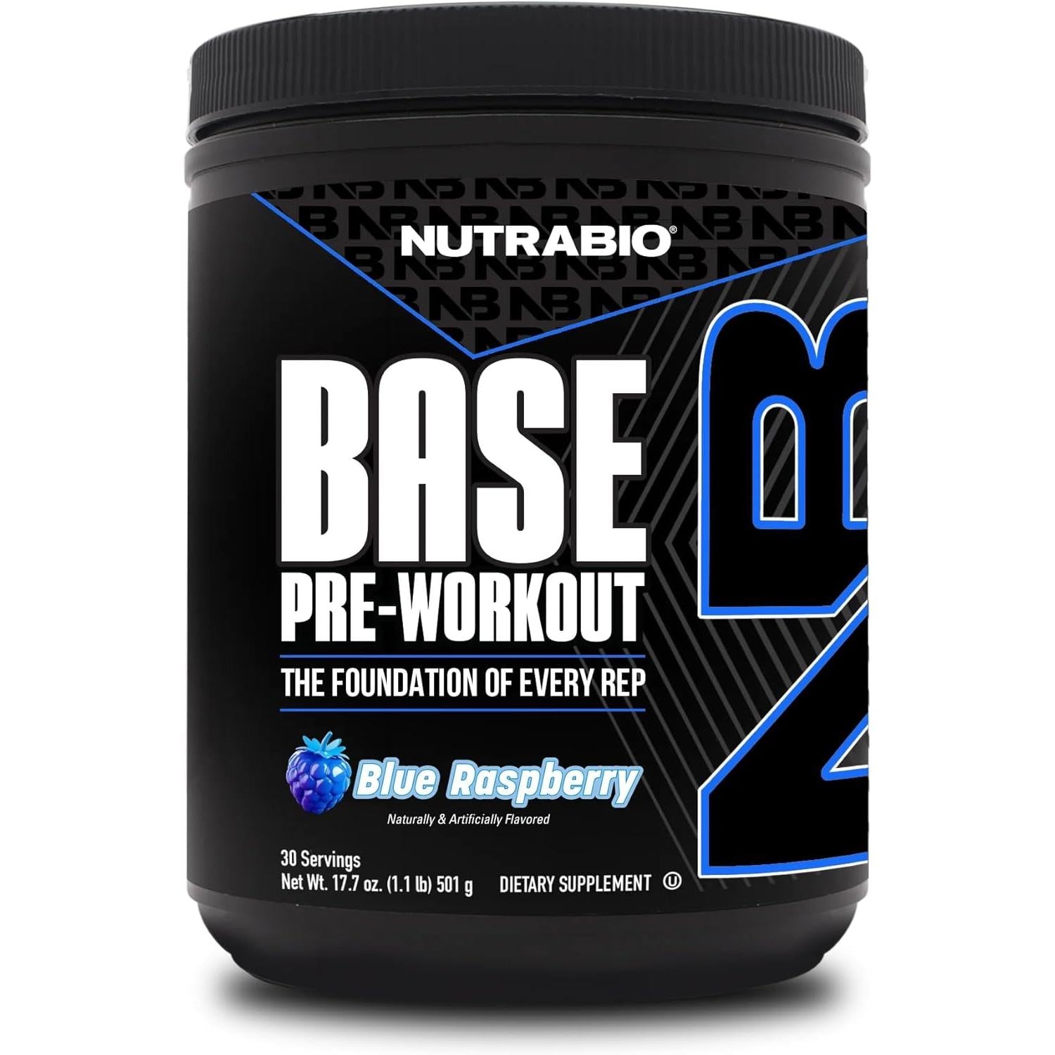 NutraBio Base Pre-Workout Powder 200mg Caffeine, 30 Servings Blue Raspberry 500g