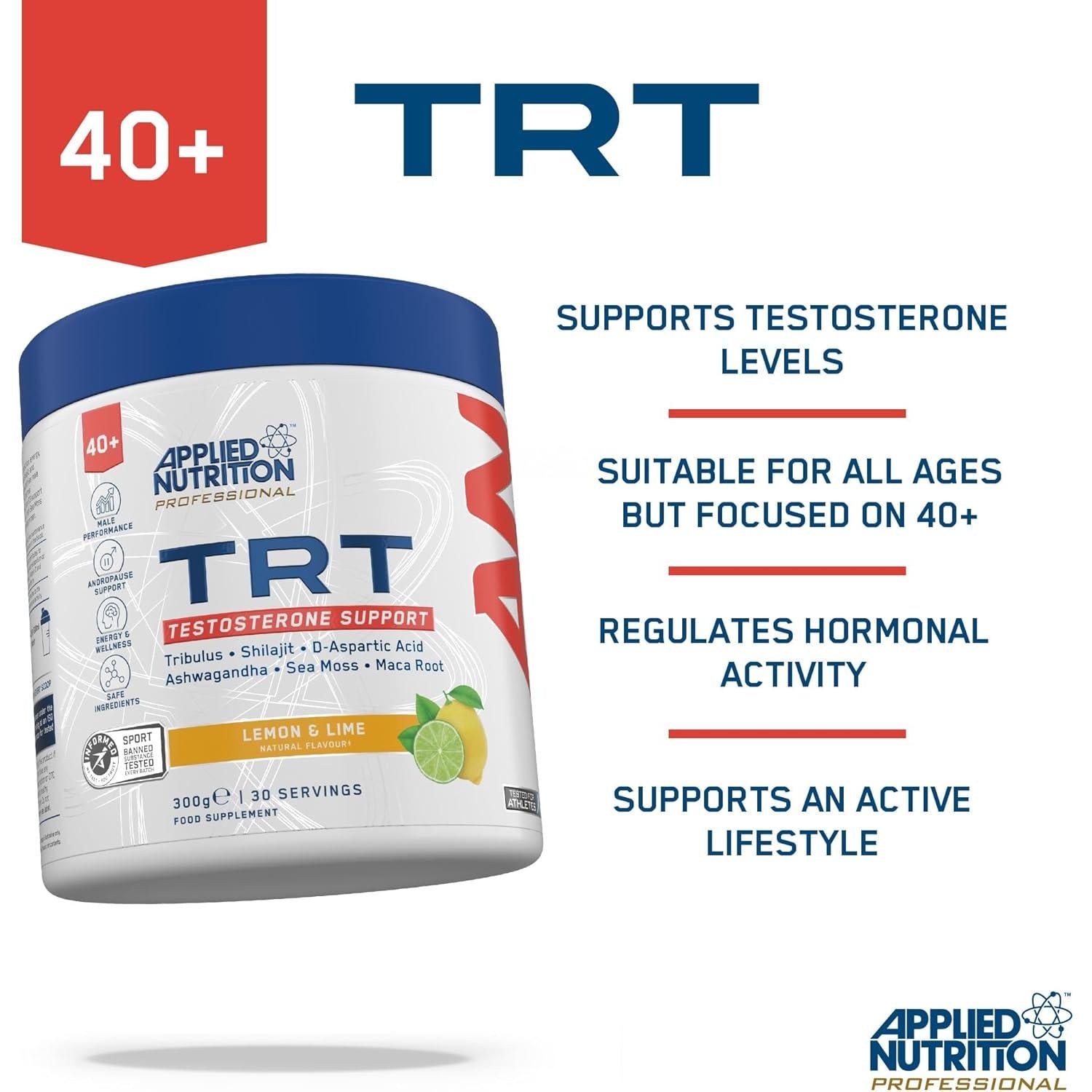 دعم هرمون التستوستيرون من أبلايد نيوترشن، مع التريبولوس، والأشواغاندا، والماكا، والشيلاجيت، والليمون، والليمون الحامض، 300 غرام، يدعم الأداء الذكوري