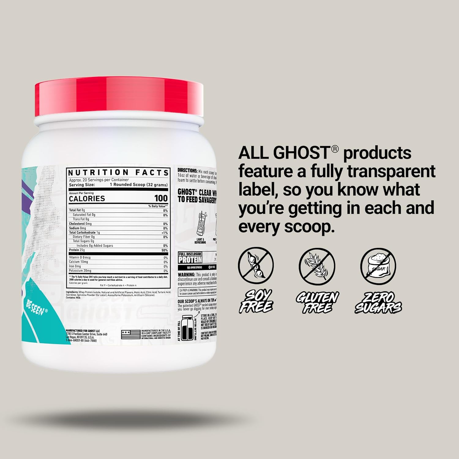 GHOST Clear Whey Isolate Protein Powder, Blue Raspberry 25g of Whey Protein Soy Free & Zero Fat 640g